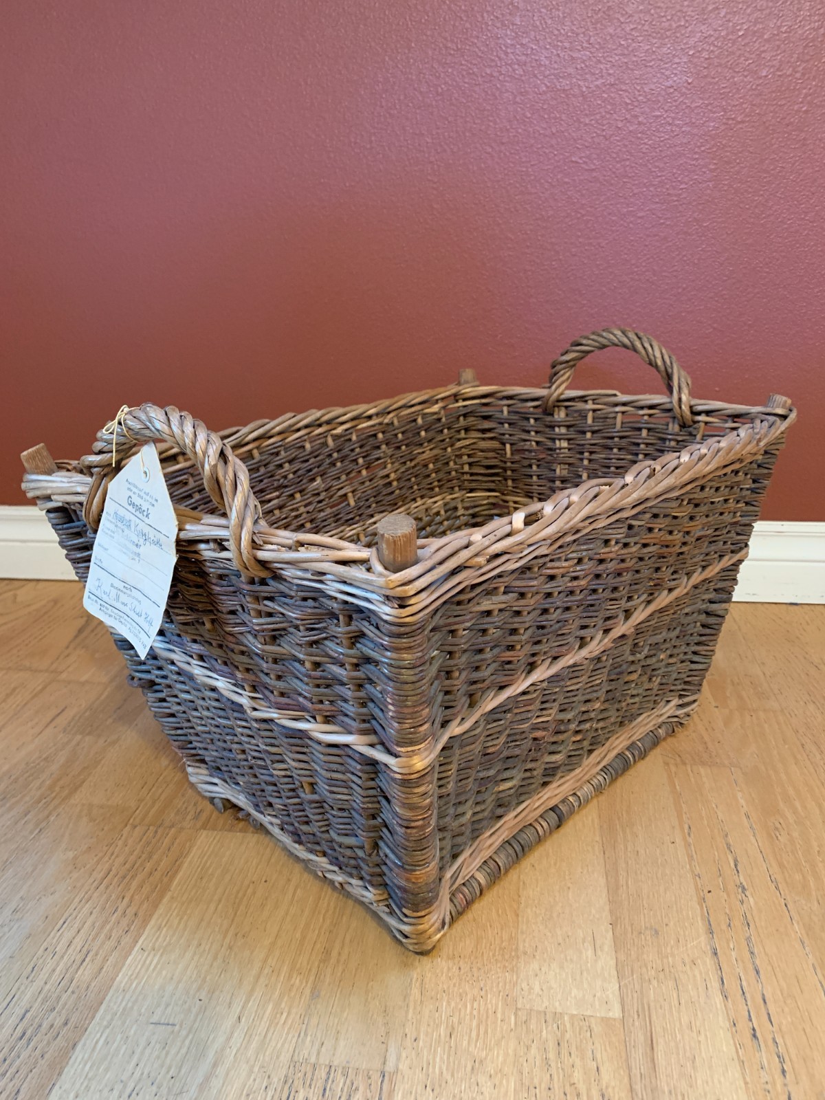 Vintage Woven Basket w/ Original Deutsche Reichsbahn Luggage Tag Karl‑Marx‑Stadt
