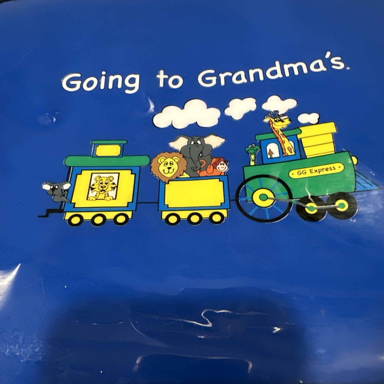 VTG Blue Going to Grandmas Kids Suitcase Mercury Luggage Animal Circus Train SEE
