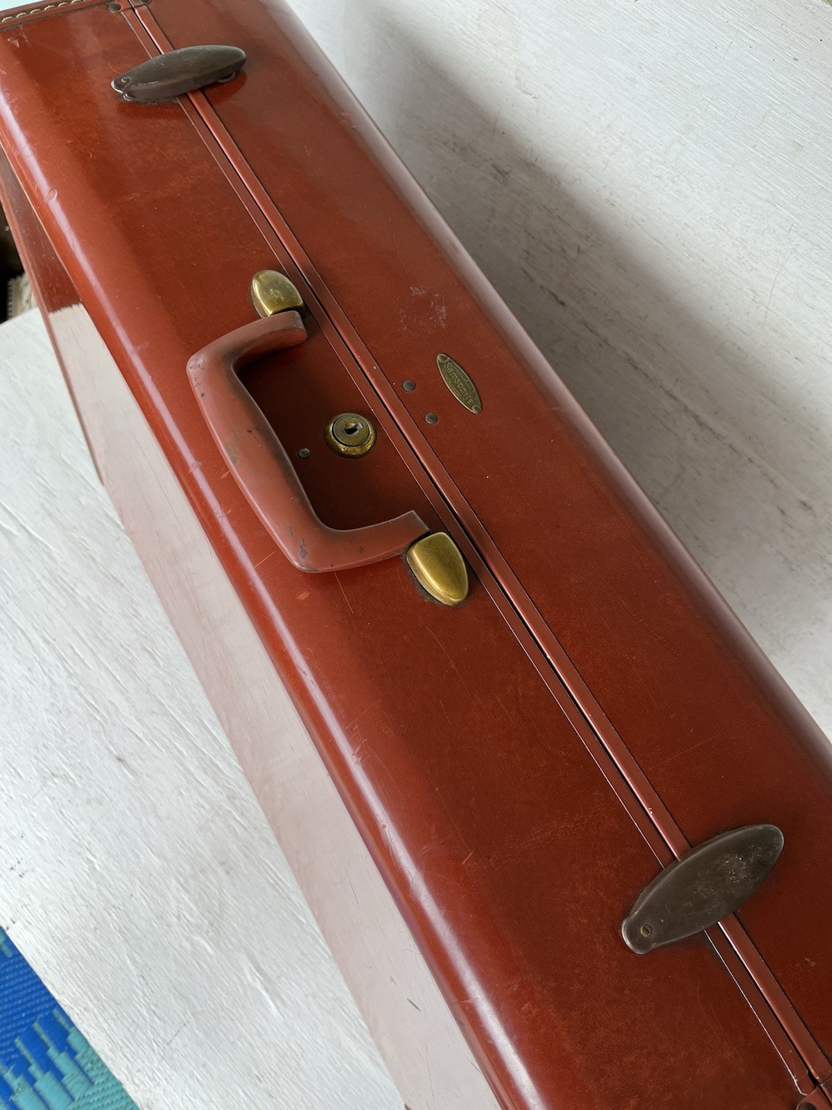 Vintage Brown Hard Shell Samsonite Suitcase Metal Locks Violet Fabric Interior