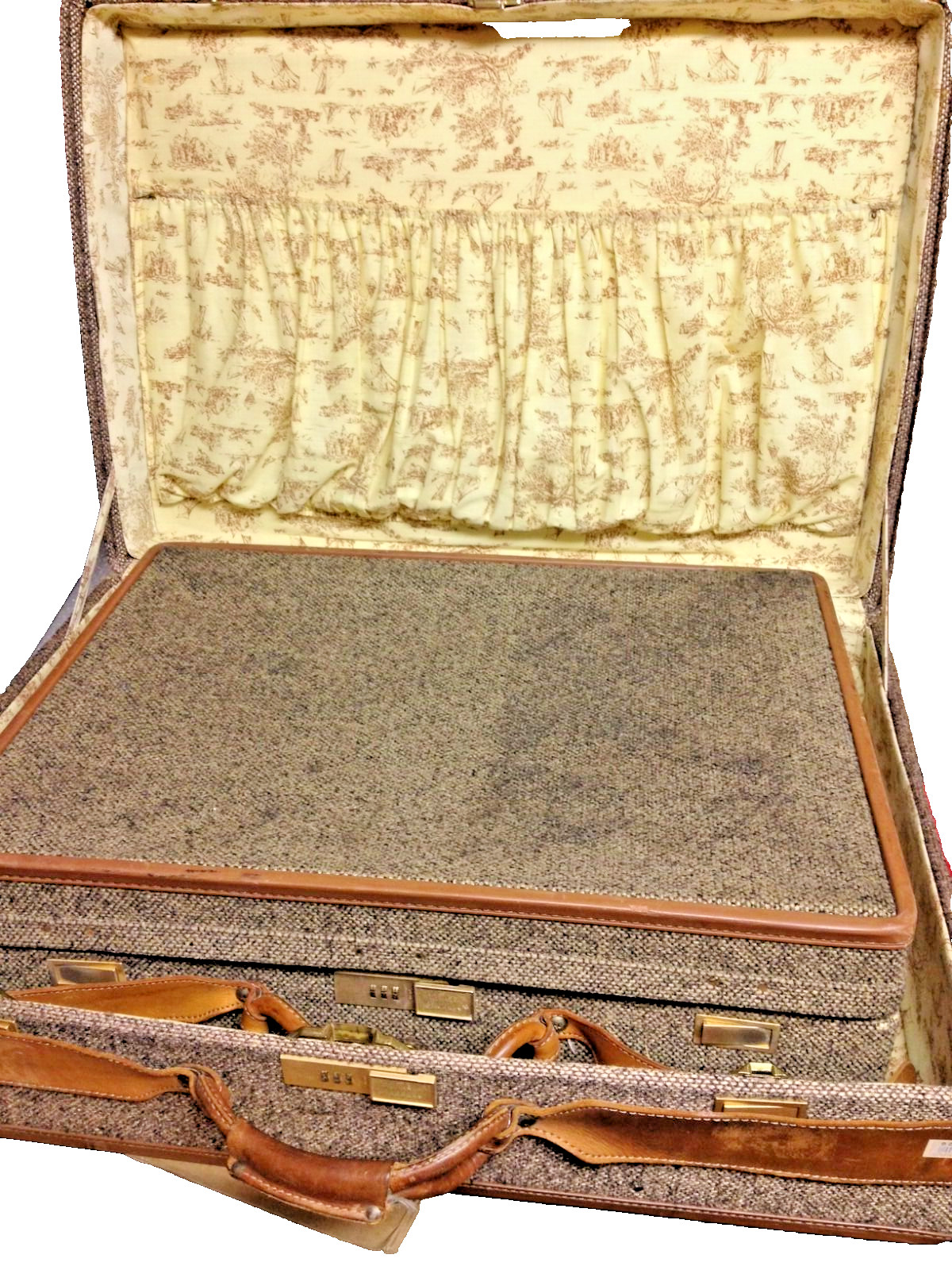 Vintage HARTMANN Luggage Brown Tweed & Tan Leather Suitcases; Very Good; Set/2