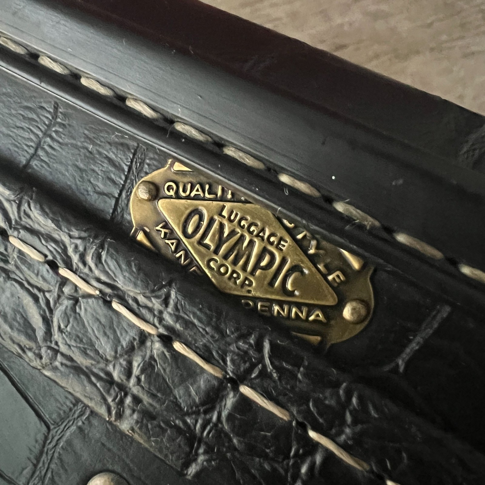 Vintage Black Crocodile Embossed Suitcase Olympic Luggage With Key Included