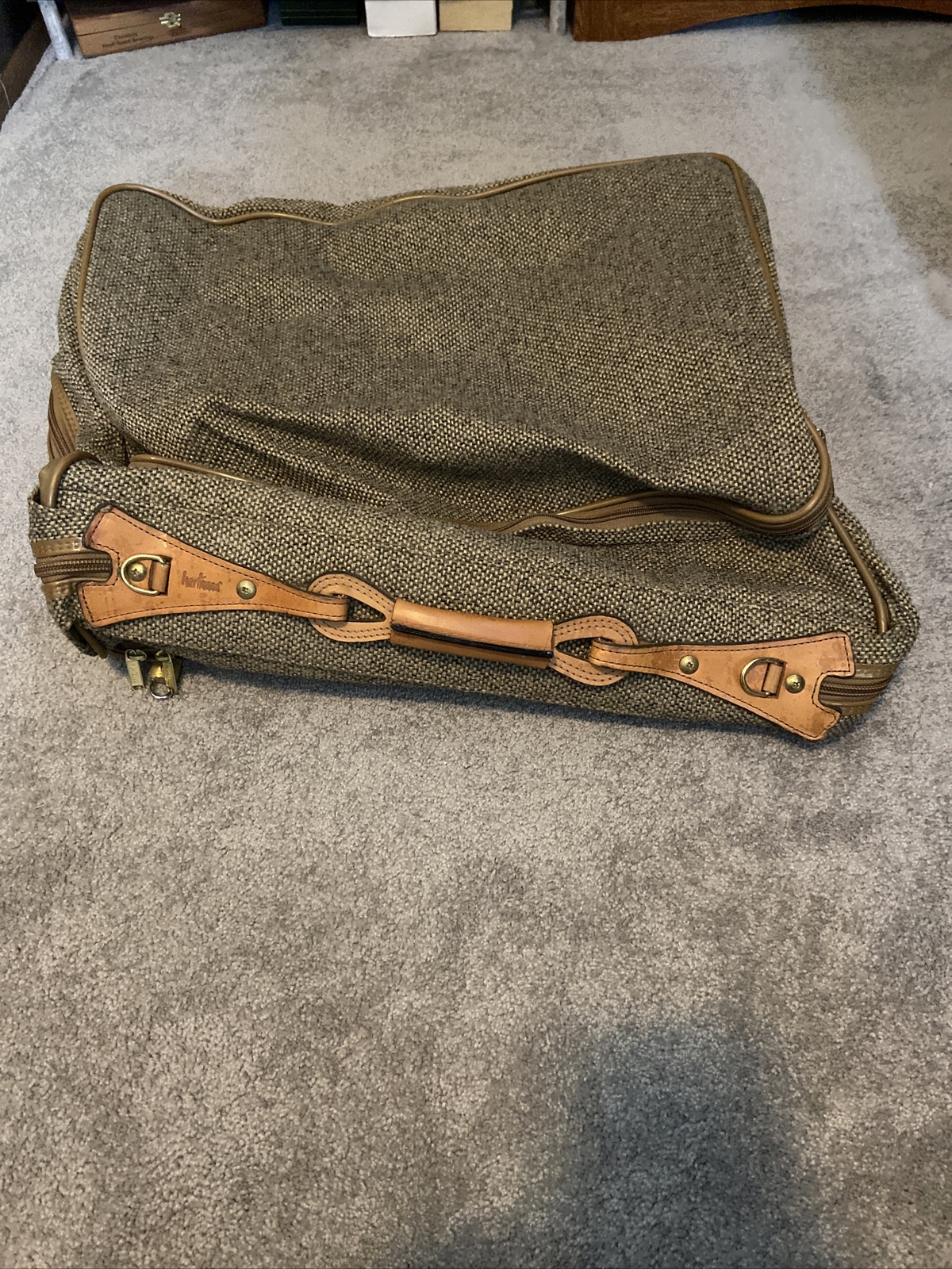 Vintage Hartmann Luggage Brown Tweed Leather Travel Bag 22”x19”x7” Missing Strap