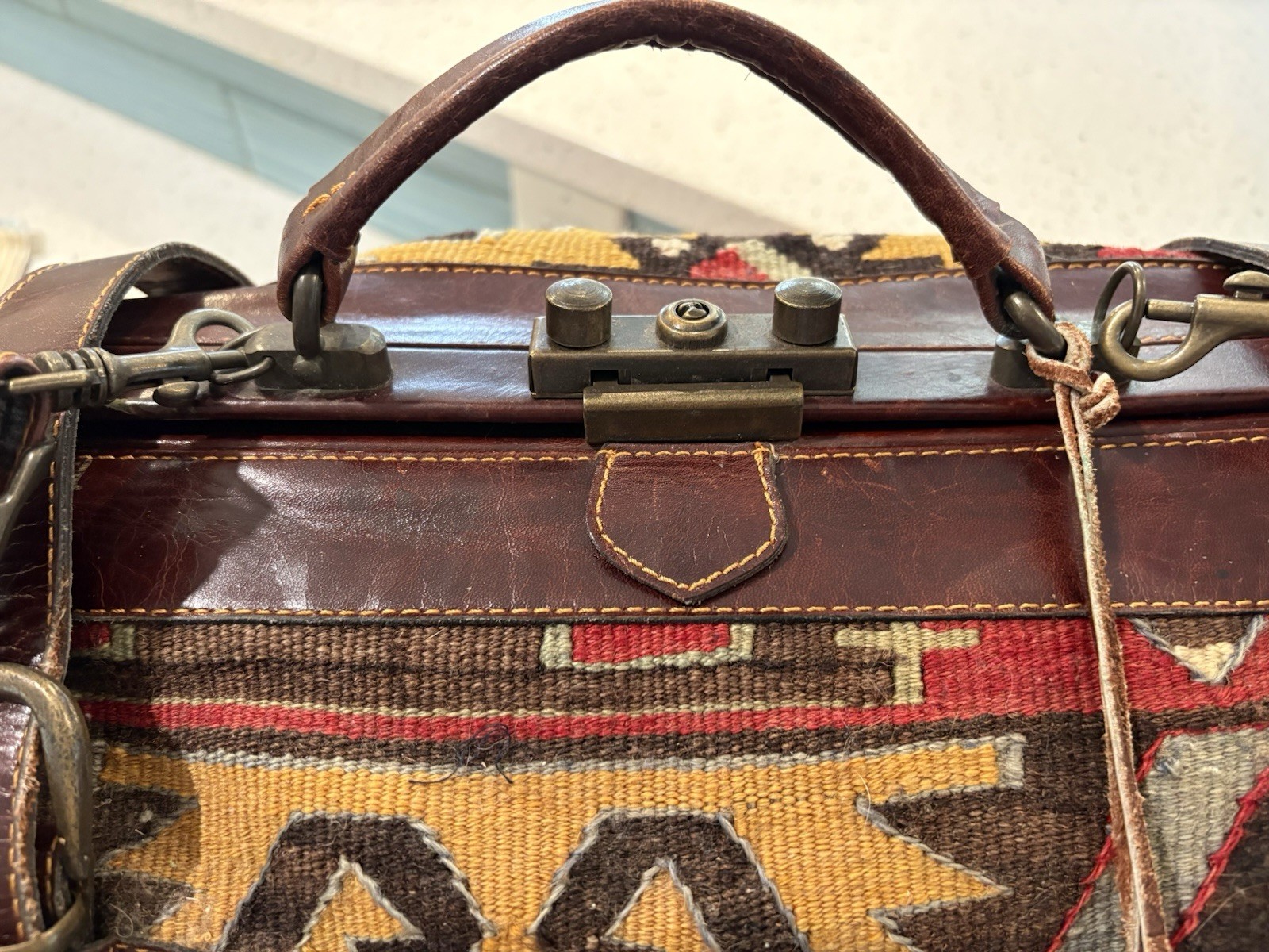 Vintage Leather & Kilim Carry On Travel Weekender Luggage Carpet Bag Overnight