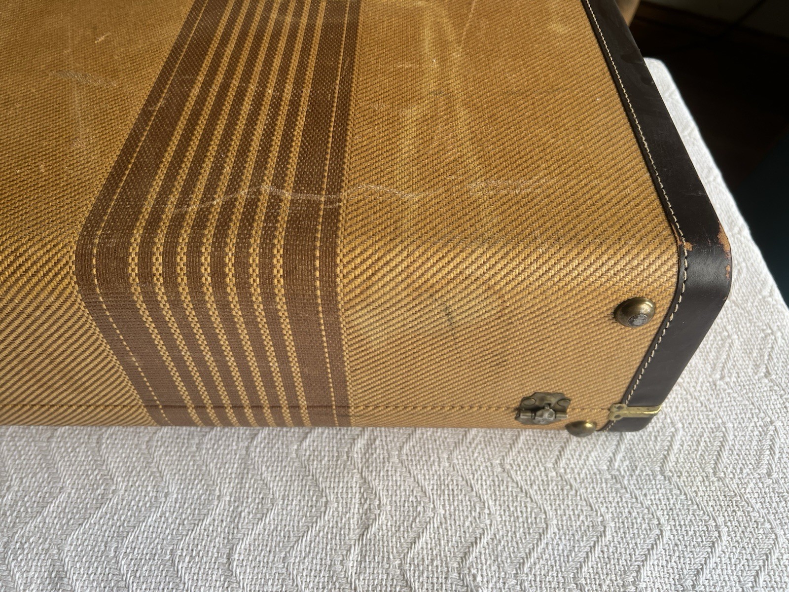 Vintage 1940–50 Striped Tweed Hard Shell Suitcase Brass Hardware Satin Interior
