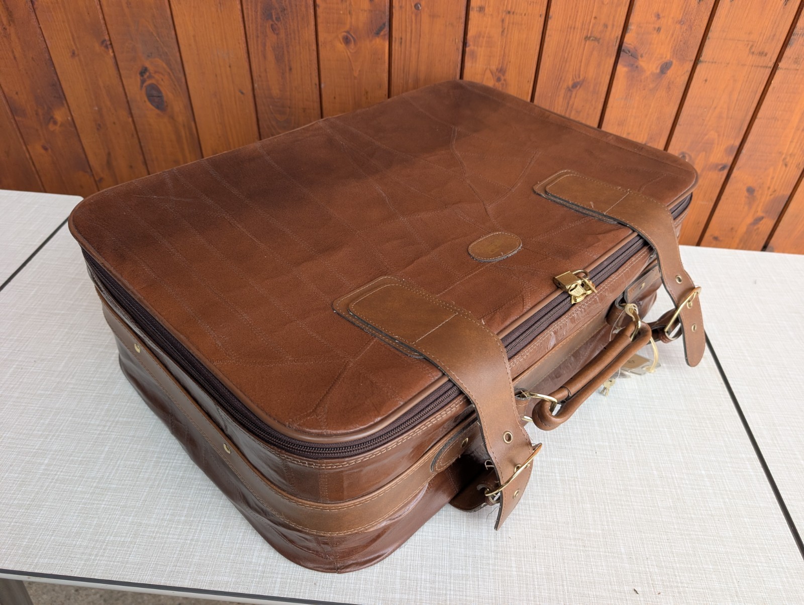 Vintage Retro Travel Suitcase 70s Genuine Leather Brown Mid Century Weekender 17