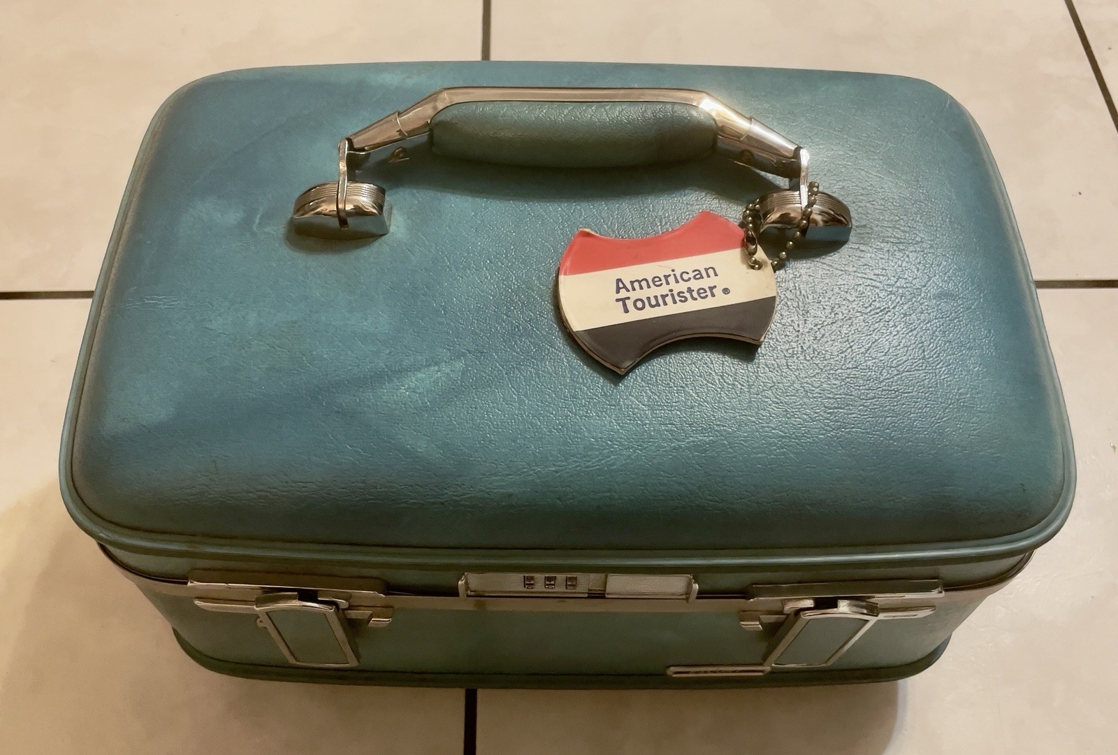 Vintage American Tourister Train Case – Blue Teal Makeup Box – Mid Century Decor