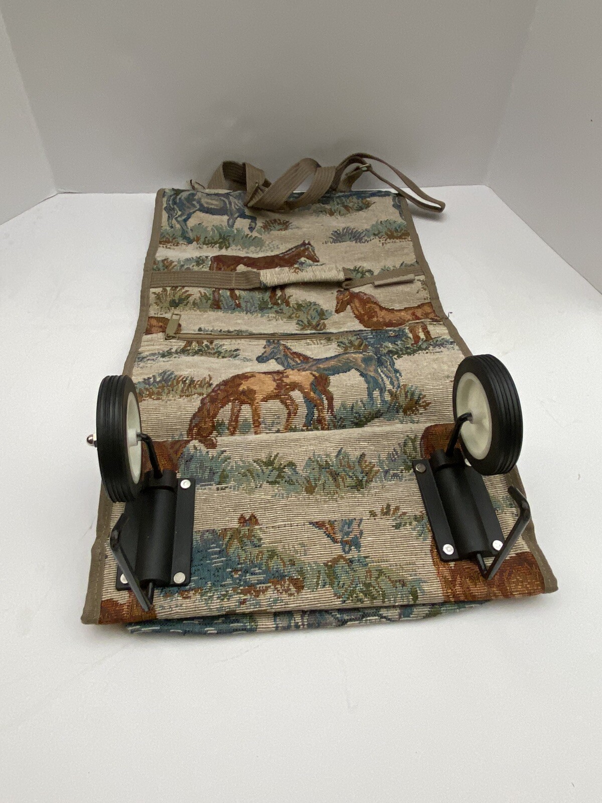 Vtg Jade Tapestry Horses Travel bag Tote w/ Foldable Collapsible wheels