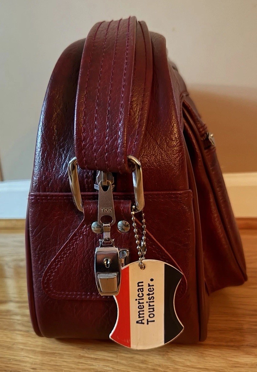 Vintage American Tourister Burgundy Faux Leather Shoulder Bag 14”x11”x6”