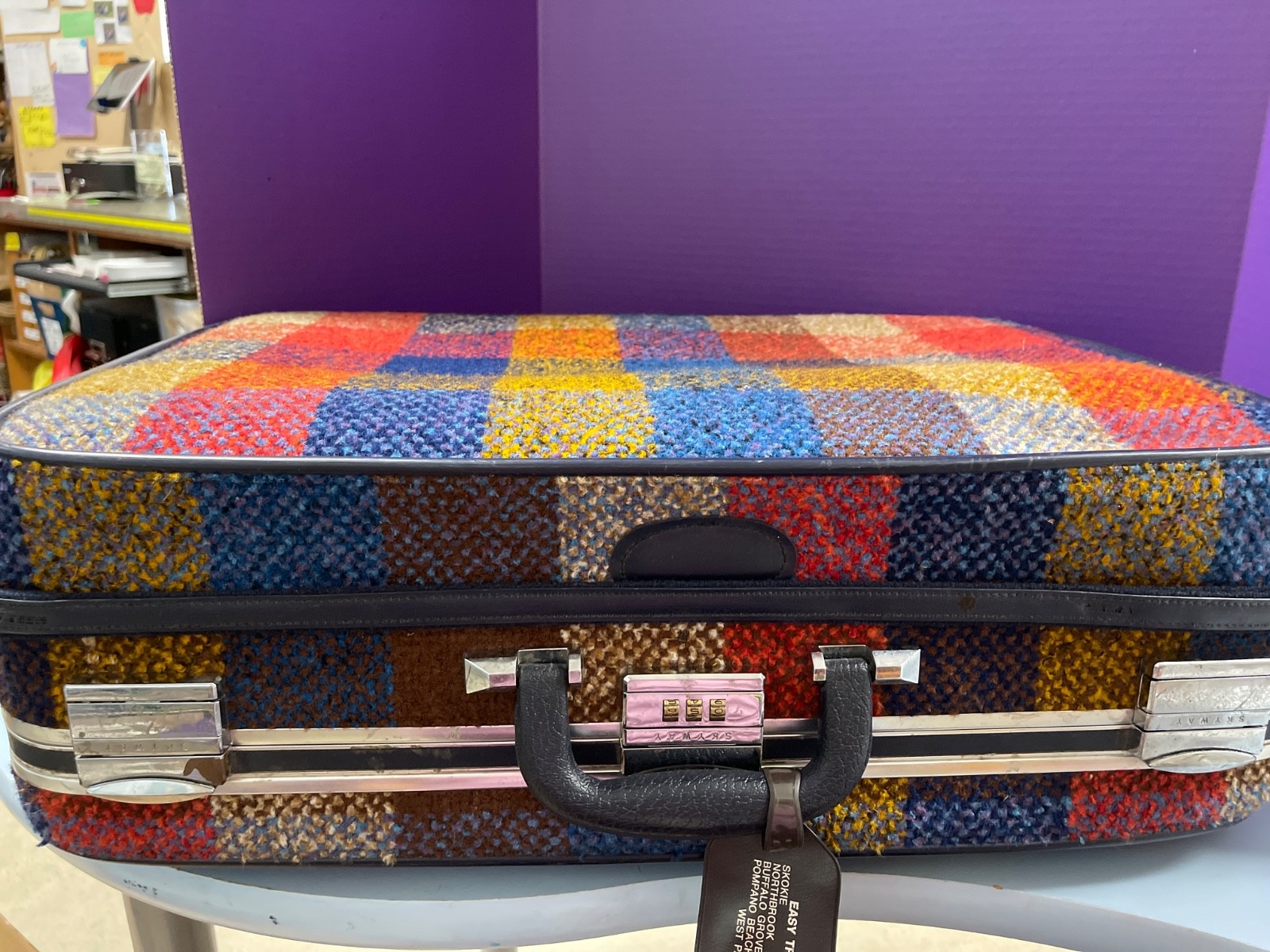 Vintage 1970’s Skyway Plaid Tweed Boho Hippie Luggage Suitcase