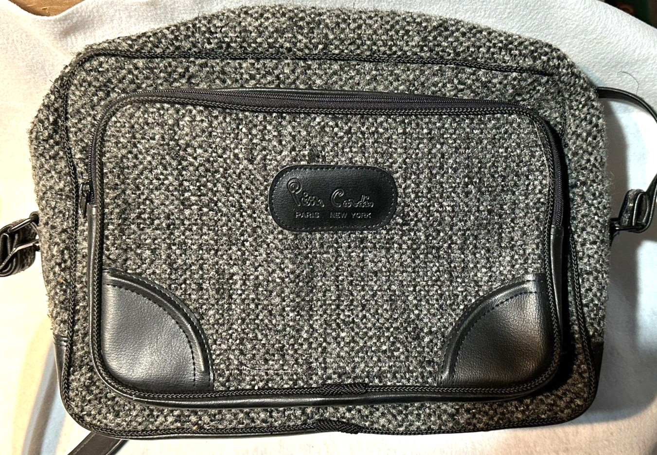Vintage PIERRE CARDIN Luggage Bag / Sachel w Shoulder Strap Tweed Black / Gray
