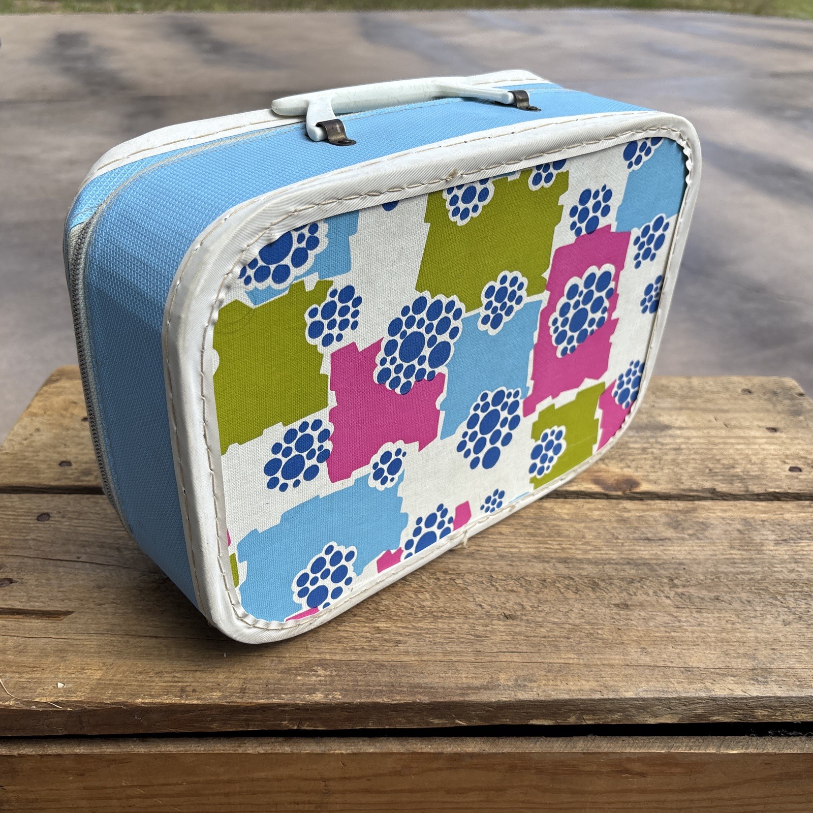 Vtg Childs Girls Toy Doll Travel Suitcase Set 1960s 1970s Polka Dots Hippy Hobo