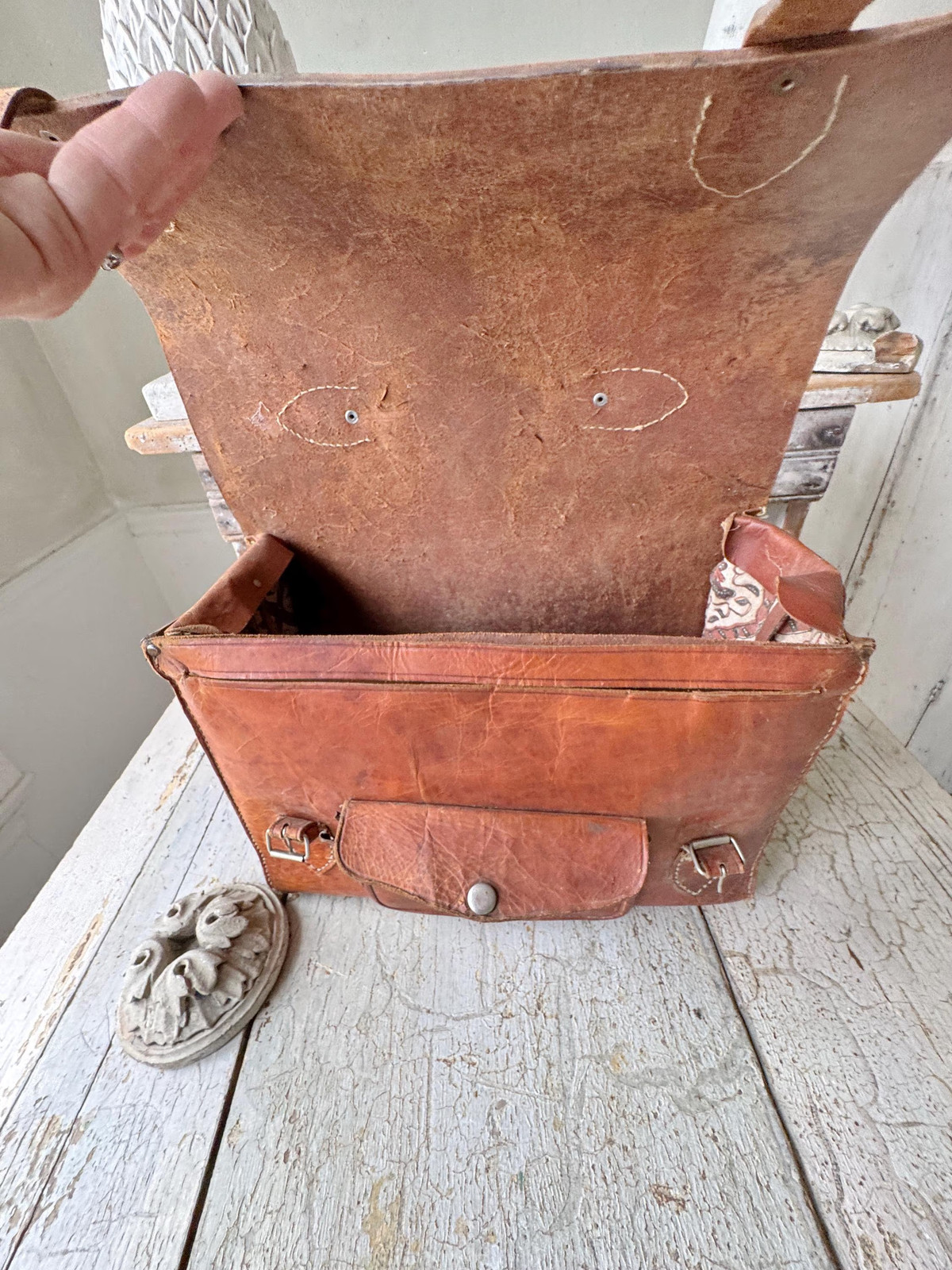 1930’s Vintage Leather Satchel Briefcase Brown Patina Leather School Bag Shabby