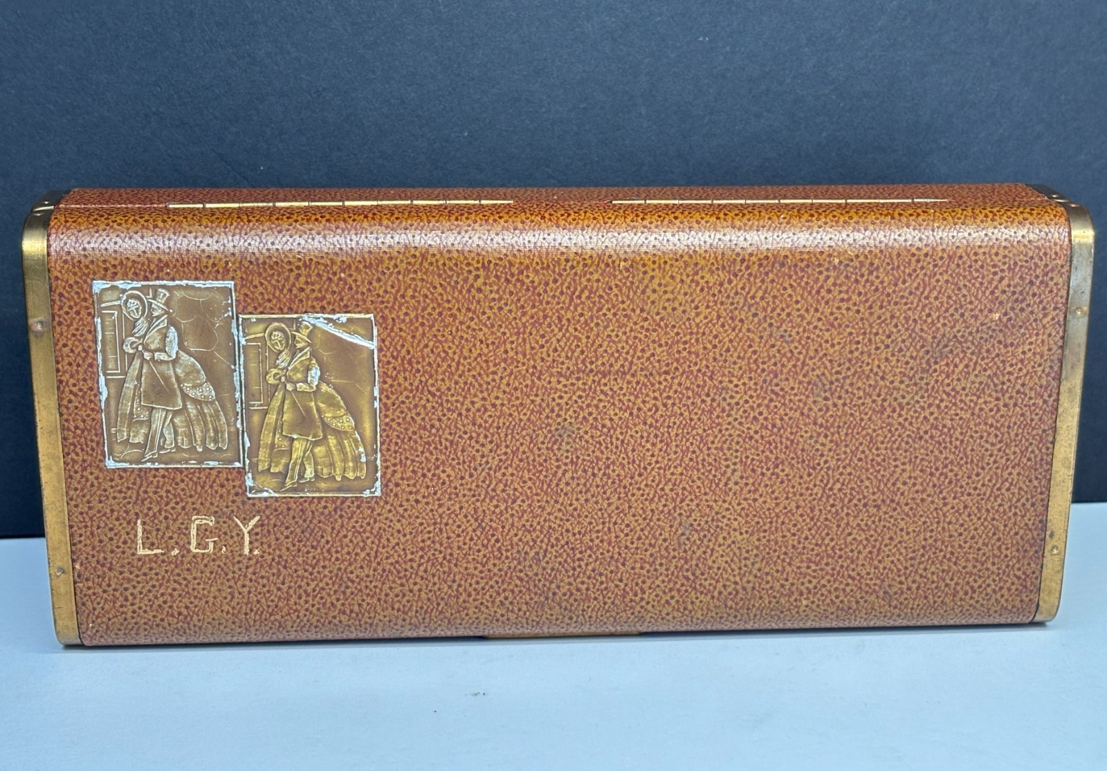 Vintage Farrington Genuine Texol Travel Jewelry Case Brass Trim Victorian Plaque