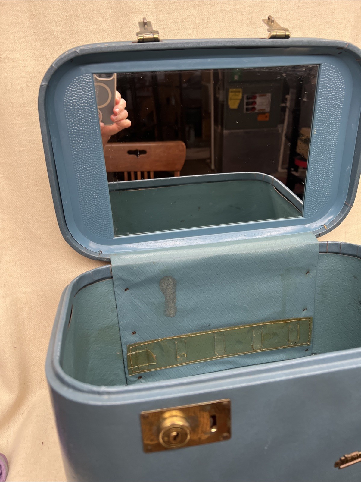 Vintage Blue Travel Joy Train Case with Brass Hardware, No Key, Some Damage