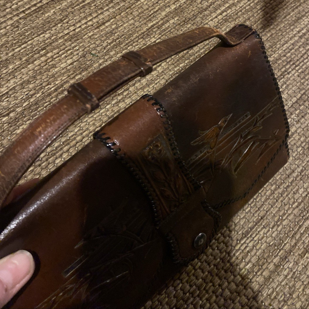 Leather Vintage Travel Case, tooled, handcrafted, adjustable handle, satchel