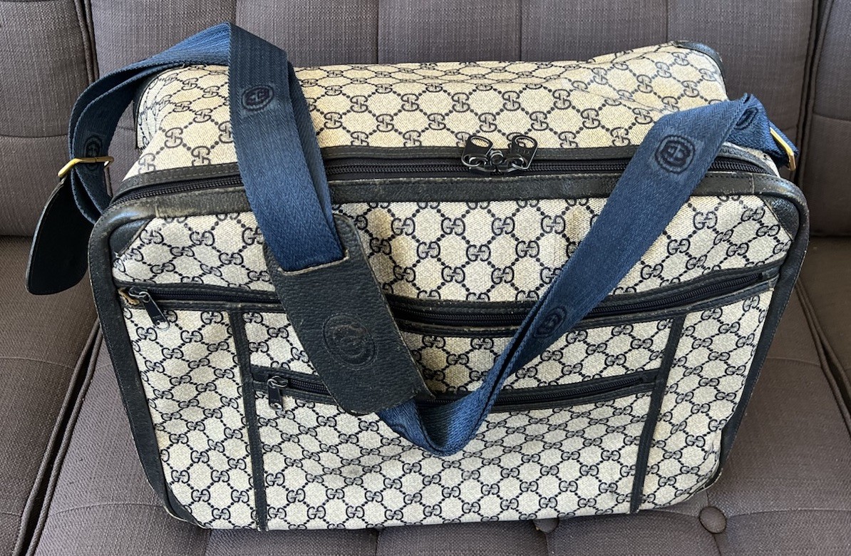 Authentic Vintage 1970s GUCCI Blue GG Monogram Coated Canvas Pilot Travel Bag