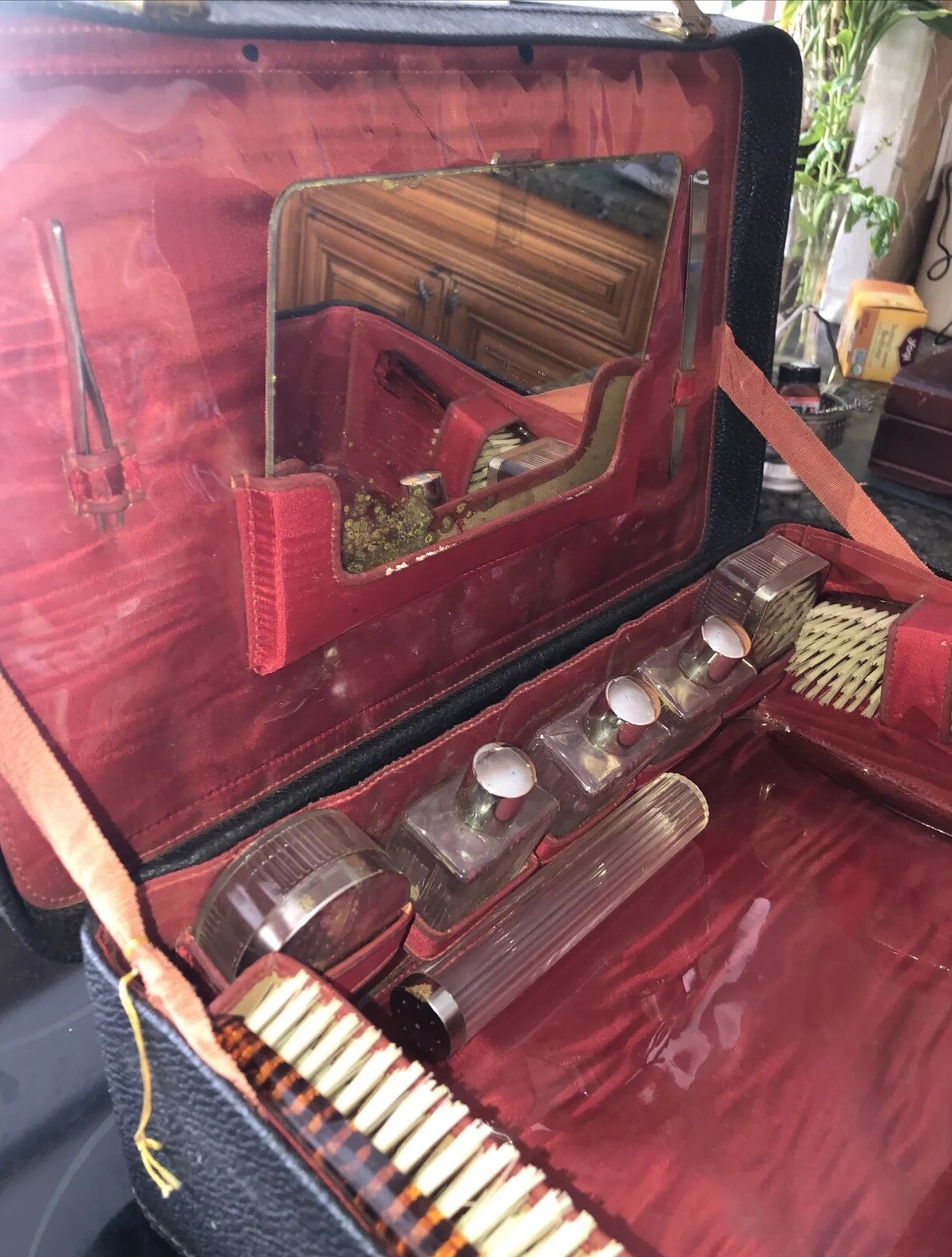 Vintage Hard Makeup Case- Red Plastic Lined Inside, Glass Bottles, Jar Plastic-