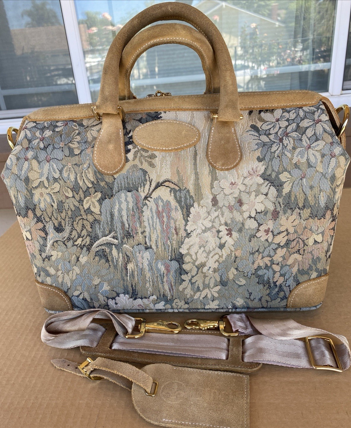 Vintage French Luggage Company Paradise Suede Tapestry Carry On Bag Made in USA