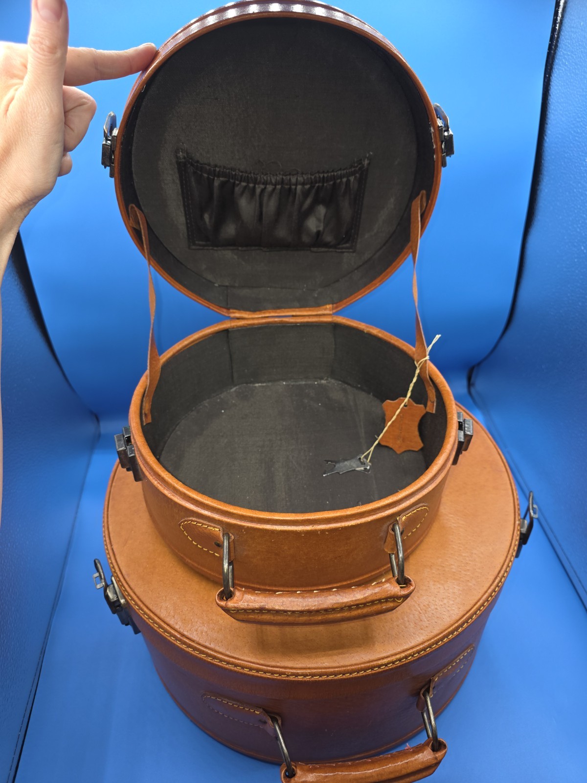 Vintage French Nesting Hat Box Suitcases 1950s Tan Leather Train Cases Set of 2
