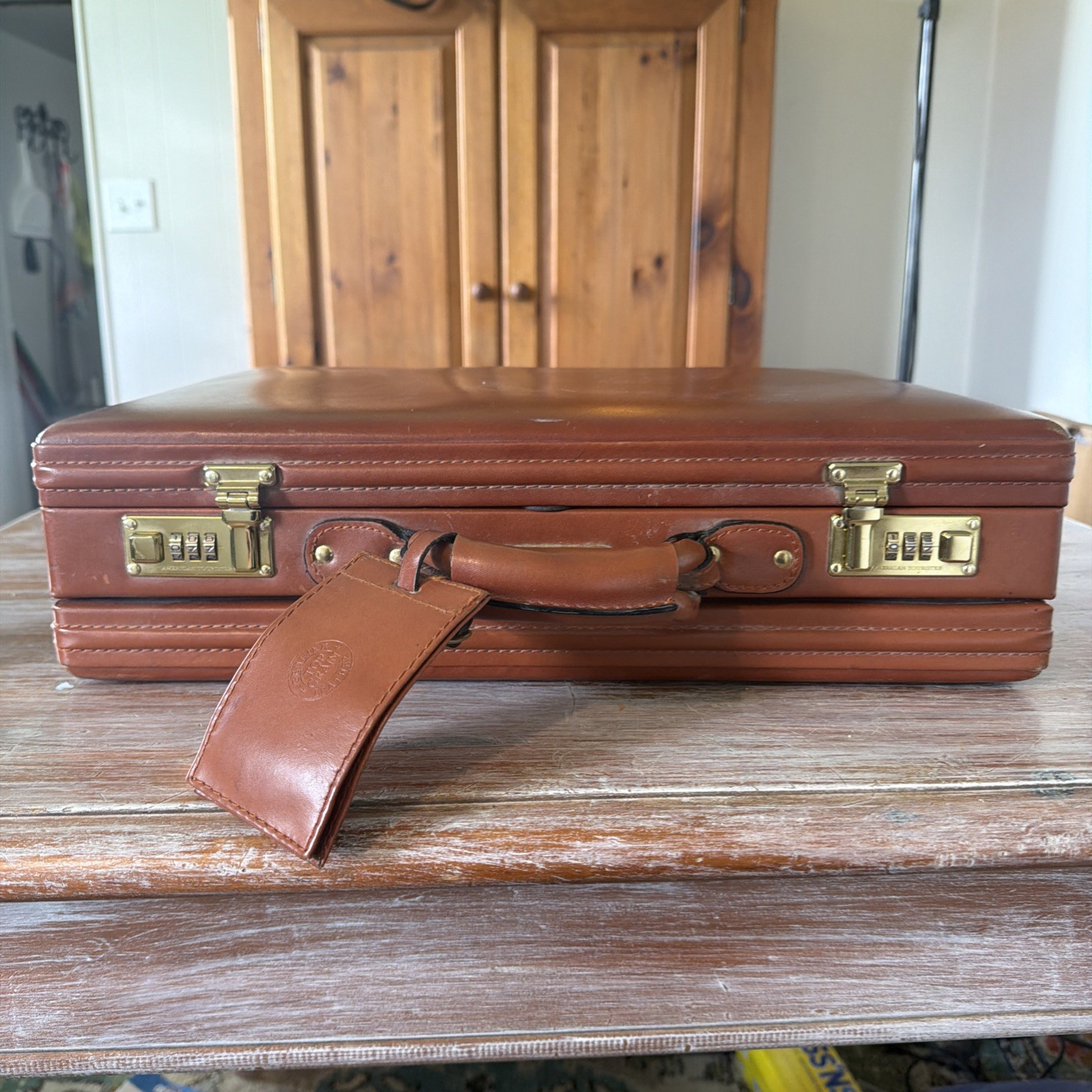 American Tourist Brief Case MCM Leather Brown With Combination Lock Good