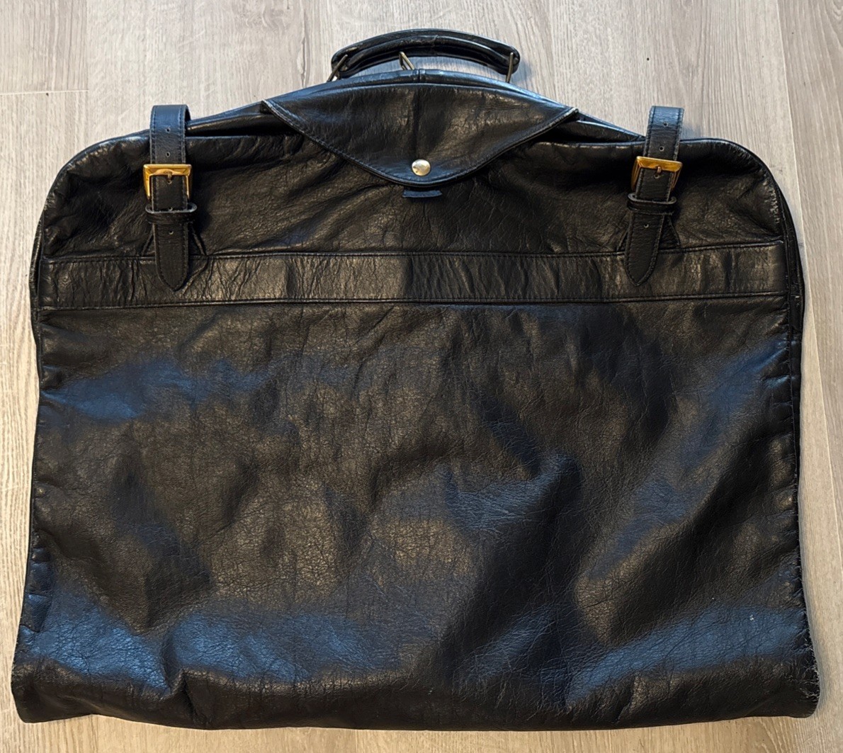 Vintage Black Leather Garment Bag Japanese Foldable Buckles 38” Long