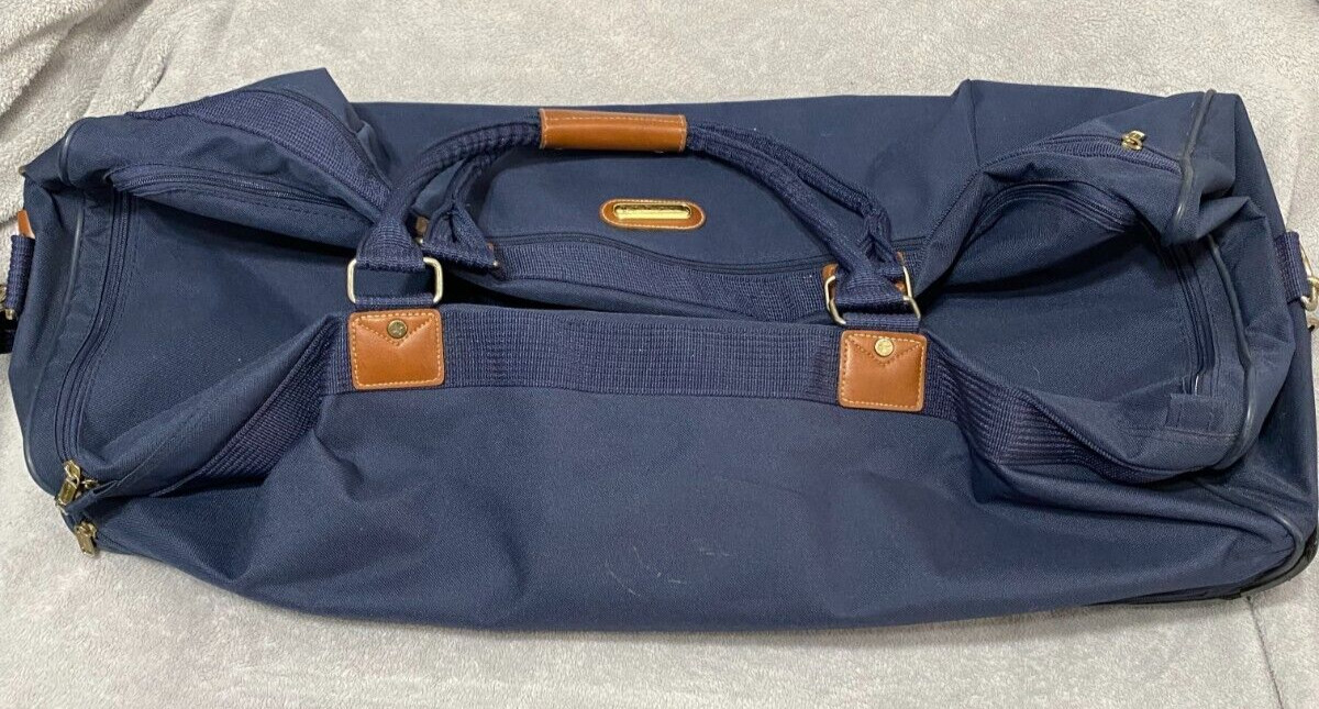 Vintage JcPenny Jaguar Suitcase Roller Luggage Bag Blue PolyesterTan Leather 26”