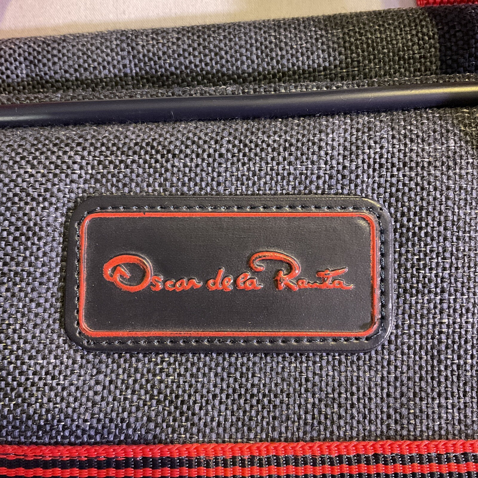 Vintage Oscar De La Renta Blue Red Tweed Travel Bag Luggage 14″ X 24″