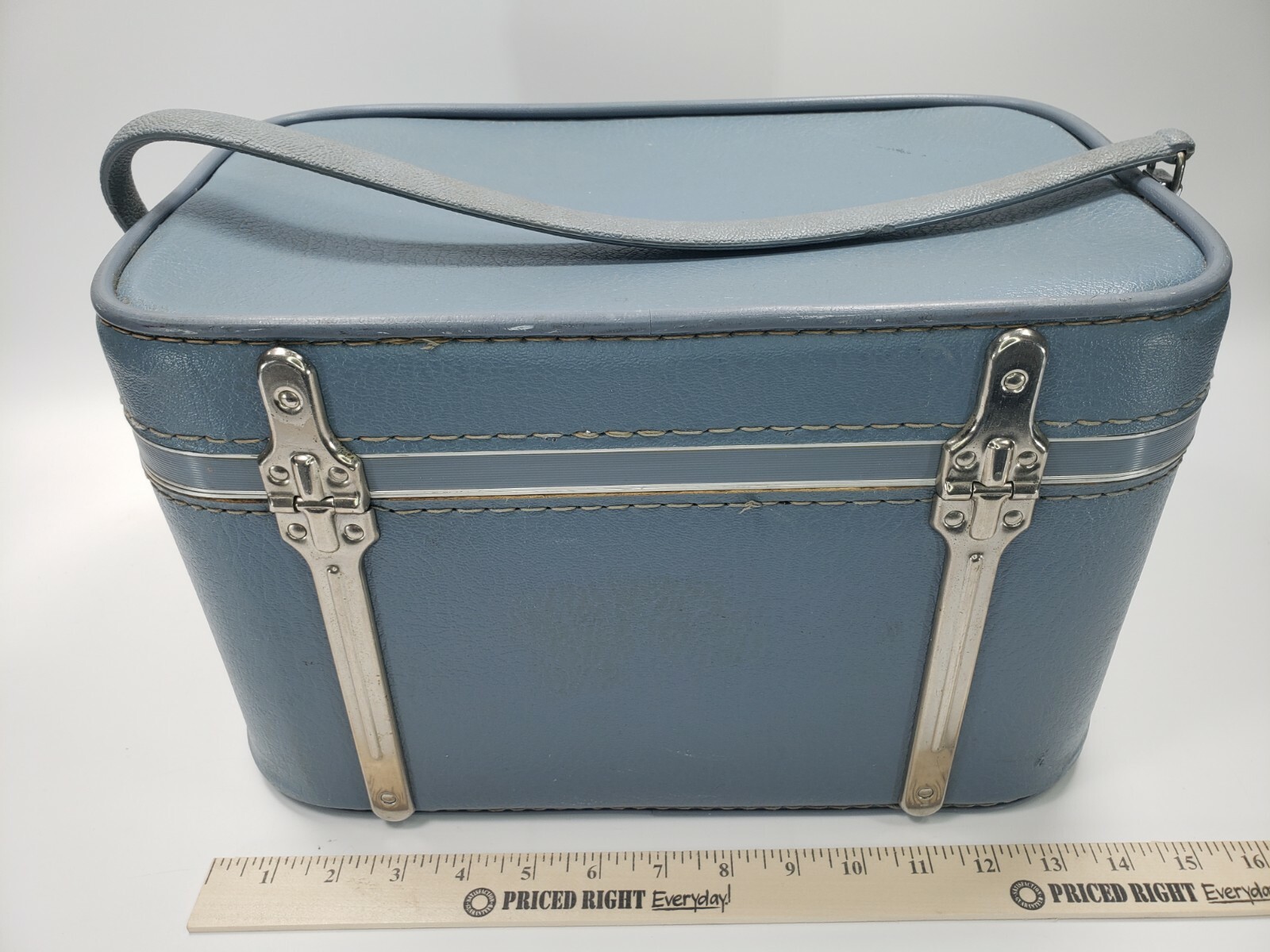 Vintage Blue Sears Featherlite Luggage Suitcase Makeup Train Case Carry-on
