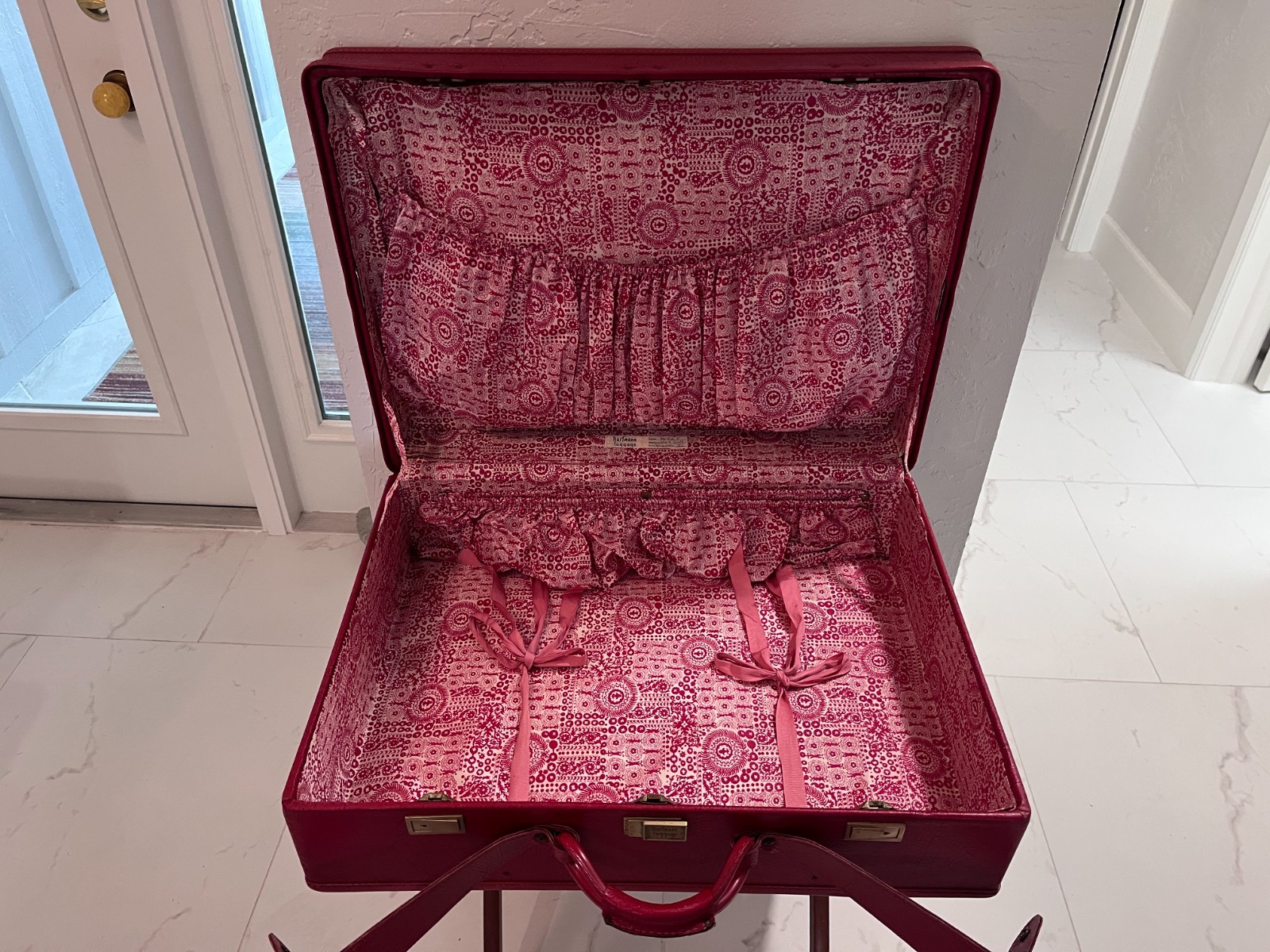Vintage Hartmann Red Leather Hard Case Suitcase Wood Frame Retro Luggage