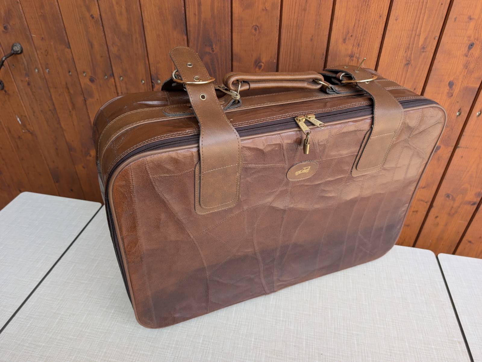 Vintage Retro Travel Suitcase 70s Genuine Leather Brown Mid Century Weekender 17