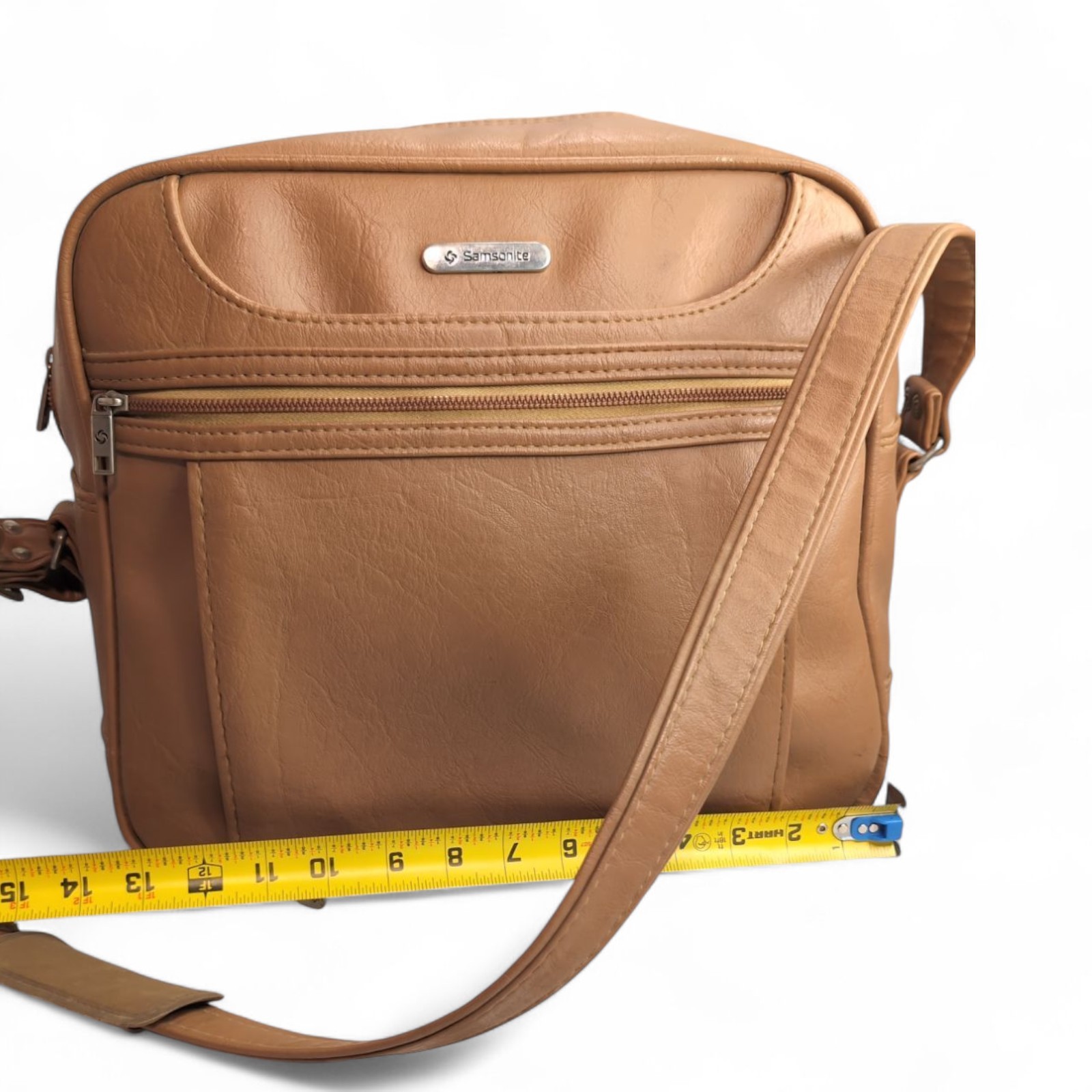 Vintage Samsonite Shoulder Bag Faux Leather Tan Travel Crossbody 11×11