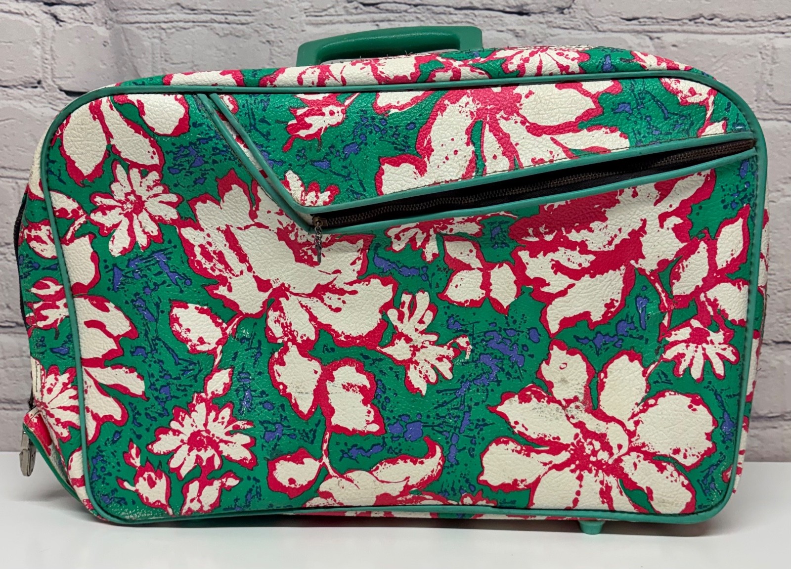 Vtg Travel Overnight Bag Suitcase Tropical Boho Hippie Vinyl Green Floral 60s 70