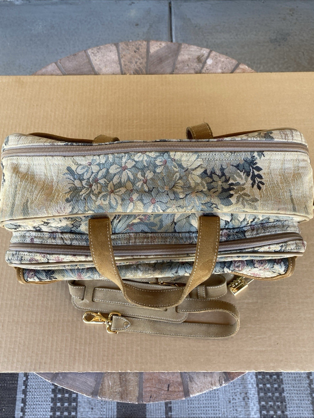 Vintage French Luggage Company Paradise Suede Tapestry Carry On Bag Made in USA