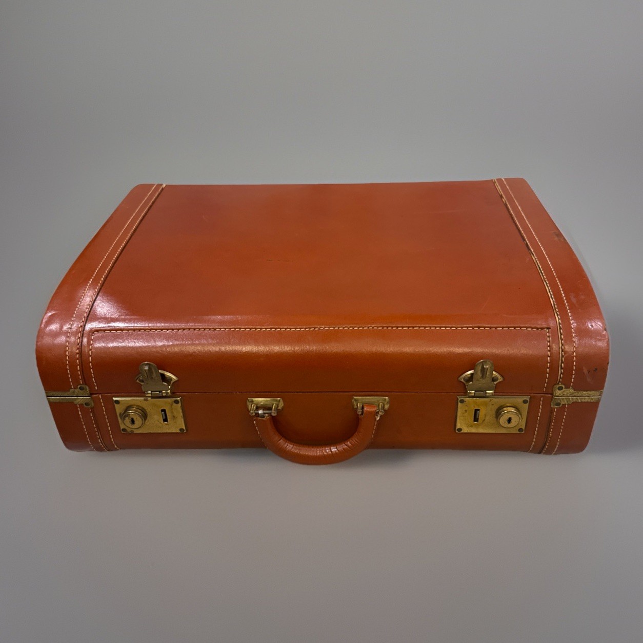 Vintage Leather Suitcase Canvas 1940s Travel Luggage Brass Hardware Brown