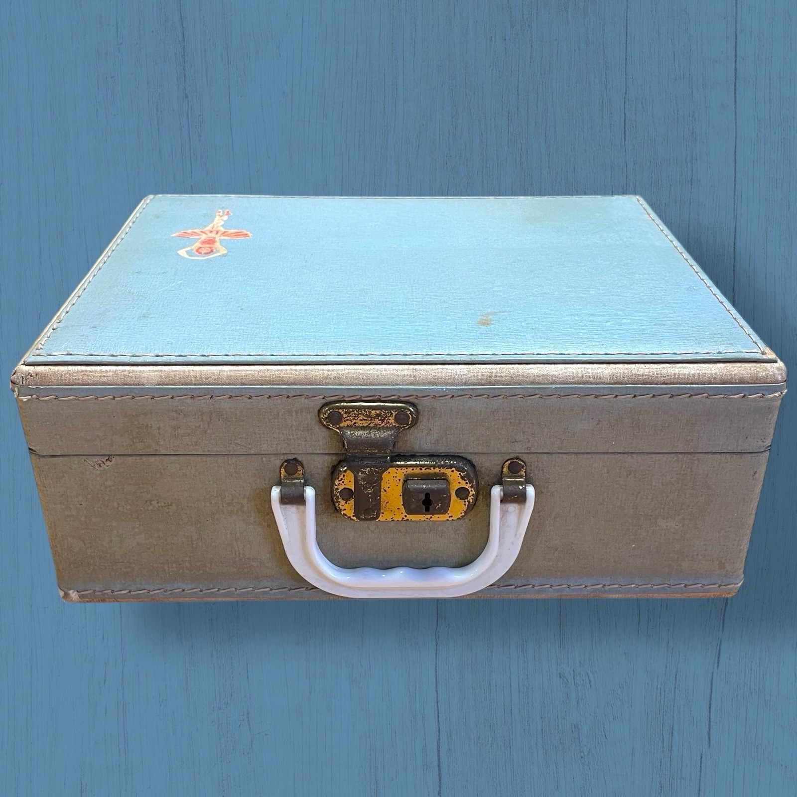 VTG Mid Century Modern Travel Carry On Luggage Blue Leather Exterior Lock & Key