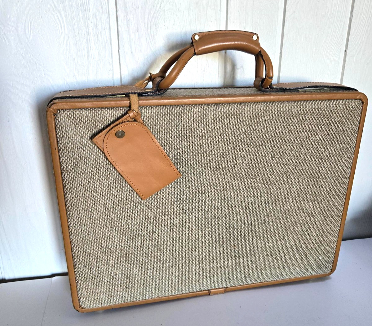 Vintage 1980’s Tweed Fabric Tan Briefcase 19 x 13 x 4