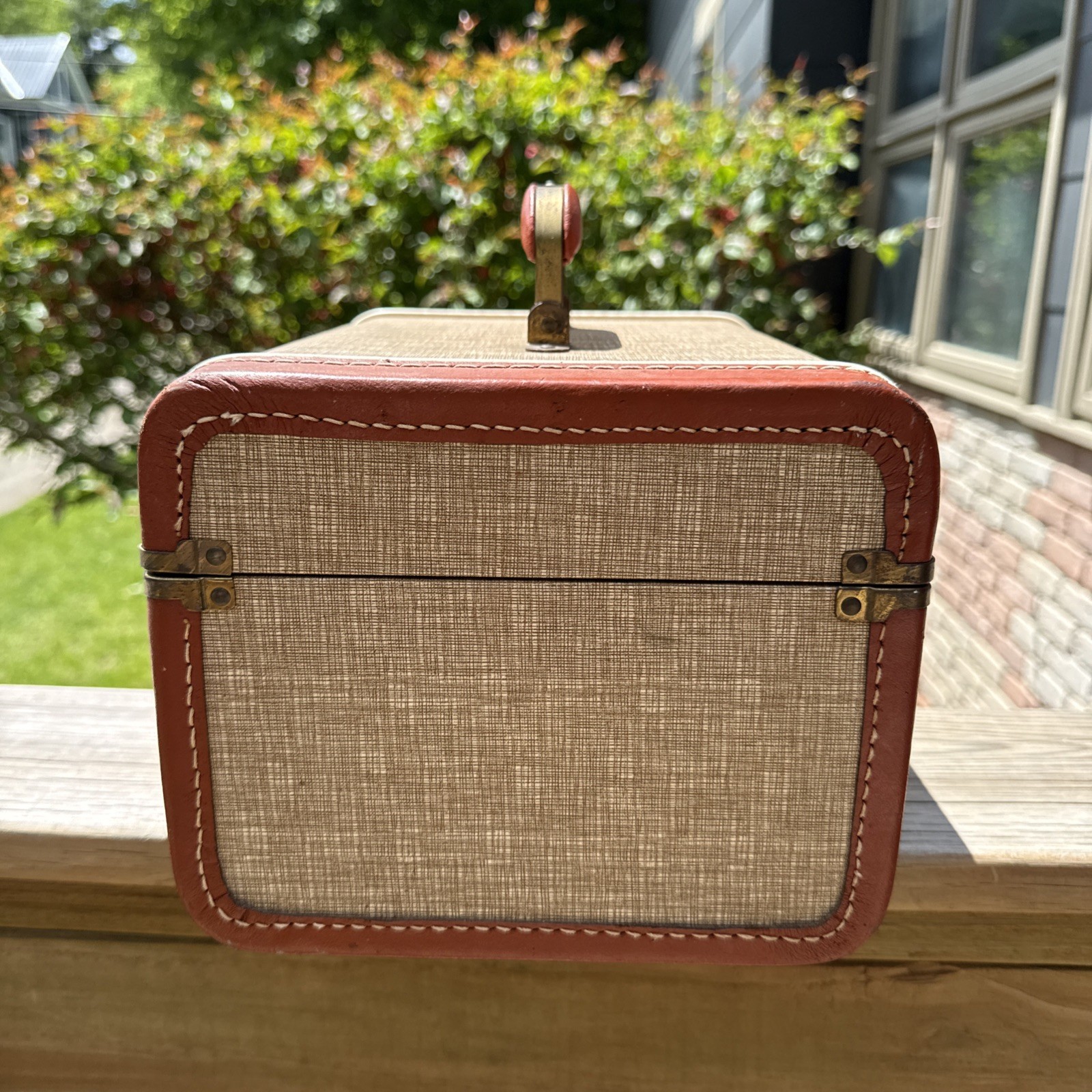 1940-50s Vintage Train Tweed Look/Leather Vanity Case See Pictures 12”X8.5”X7”