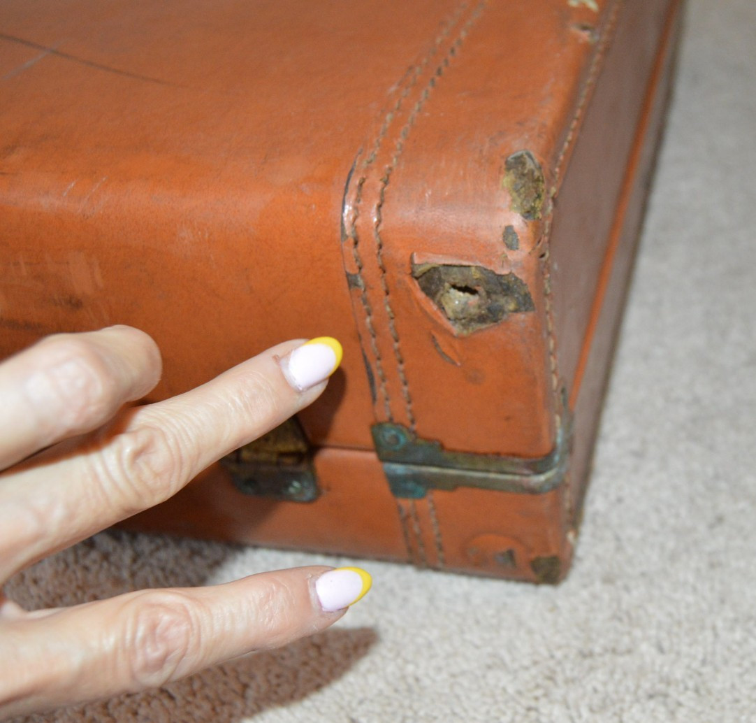 Vintage Tan Leather Hard Luggage 23 x 17 x 5 w/ Stickers Damage Rust 1950’s