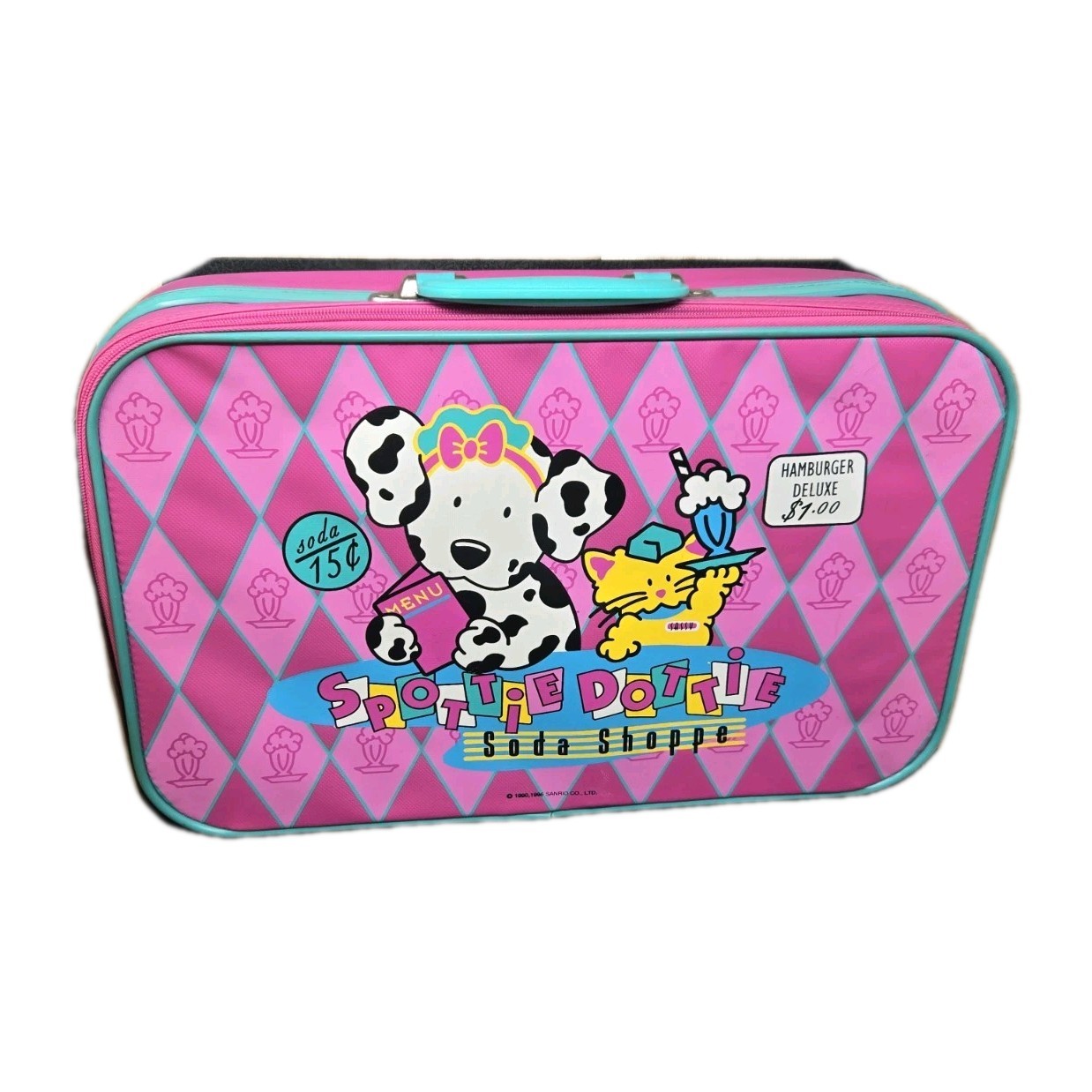 VTG 1996 Spottie Dottie Sassy SANRIO Pink Soda Shoppe Luggage Suitcase Carryon