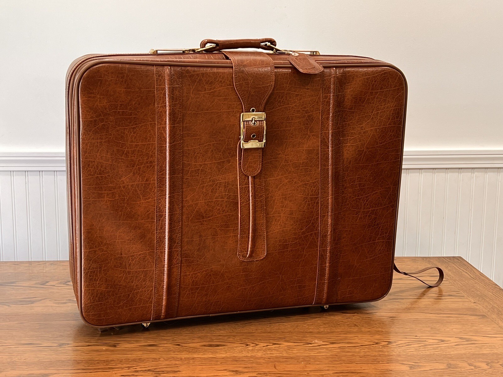 FW Woolworth Faux Leather Suitcase W Key Vintage Luggage Pullman Buckle NY MCM