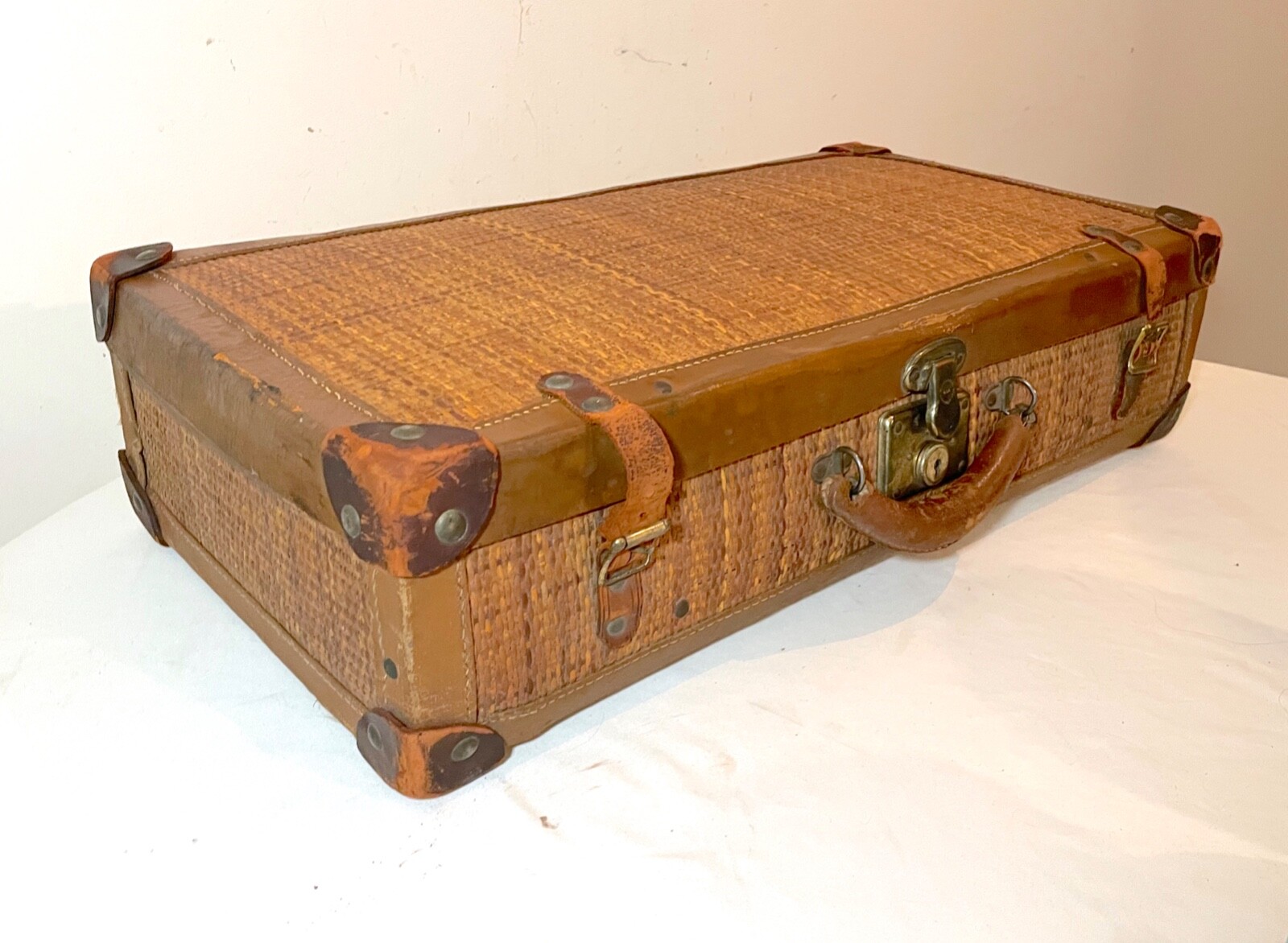 rare antique 19th century handmade woven wicker leather brass travel suitcase