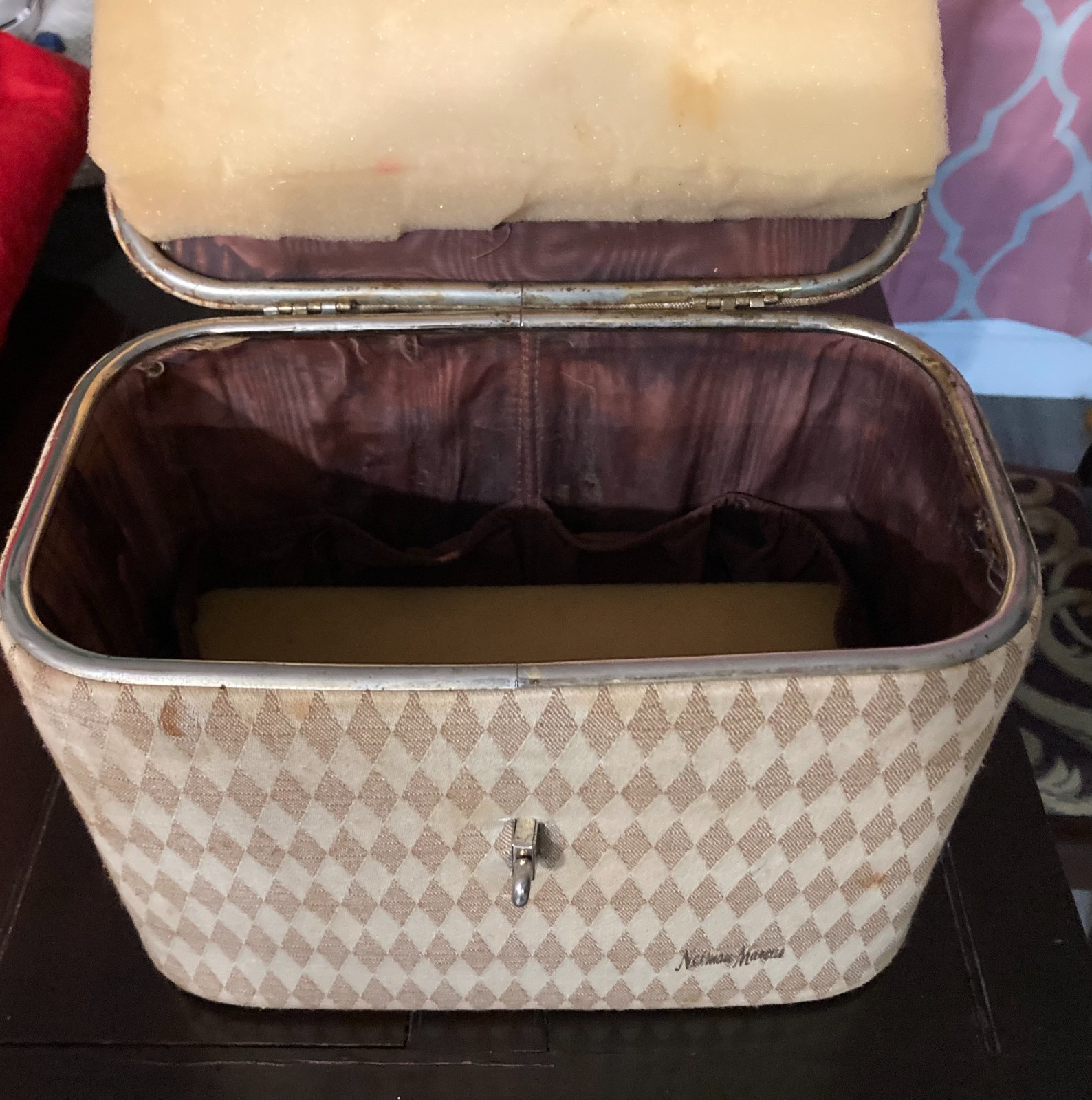 Neiman Marcus 60’s Monogram Vanity Train Case Top Handle with brass turn latch