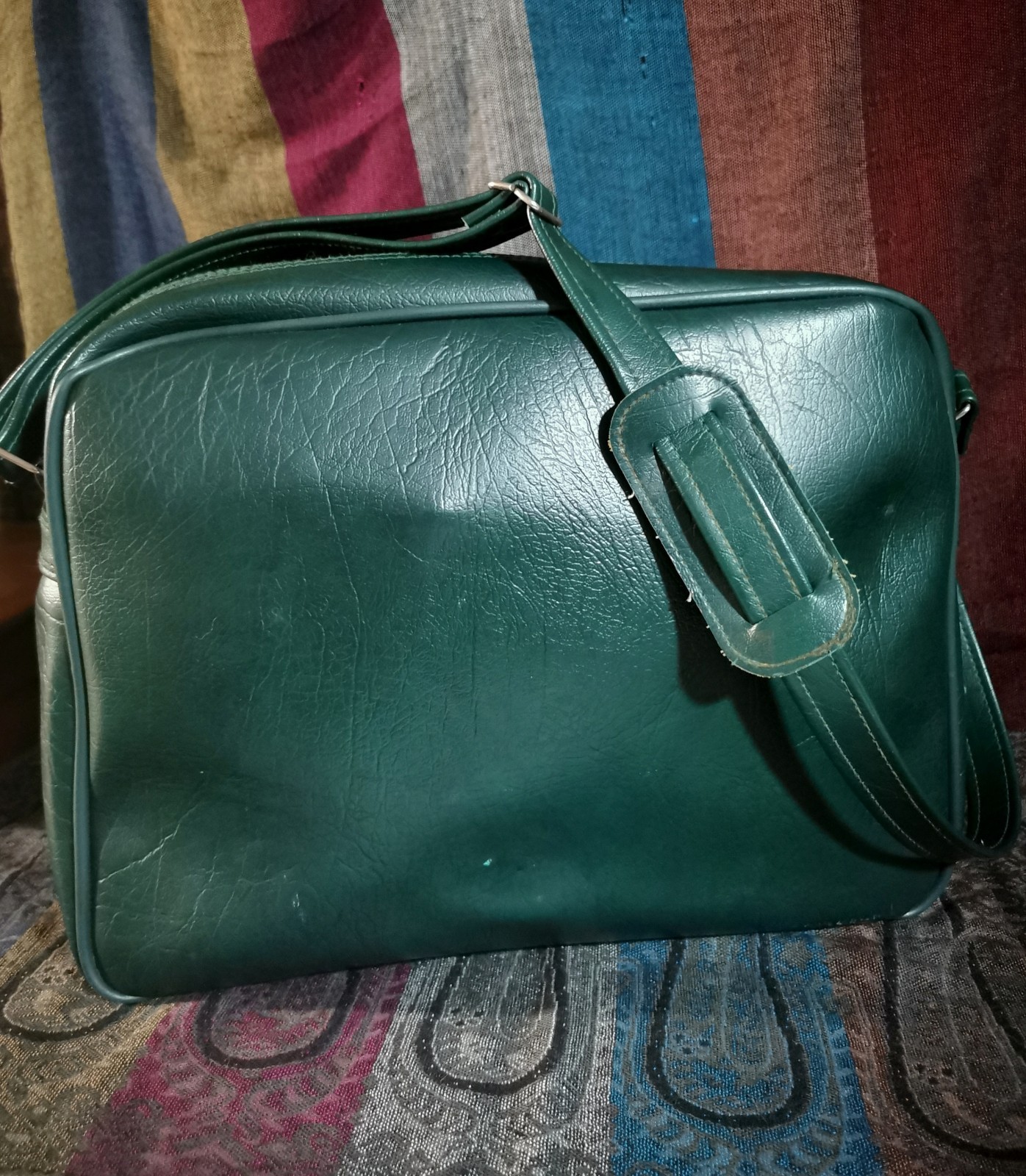 Vintage Dark Green Flight Travel Bag Adjustable Shoulder Strap Zip Closure 11×14