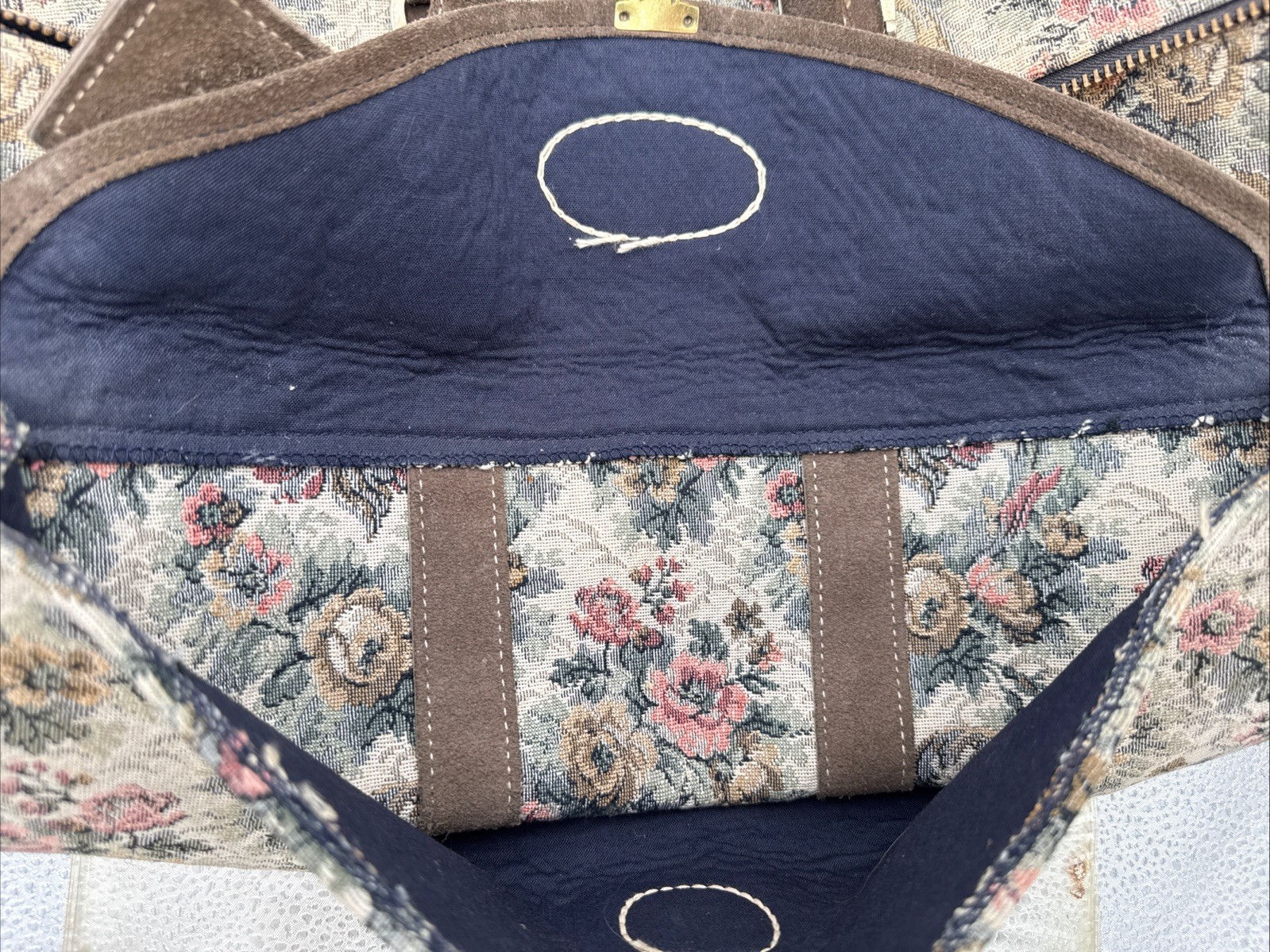 Vintage The French Company Tapestry Weekender Bag with Suede Trim & Key