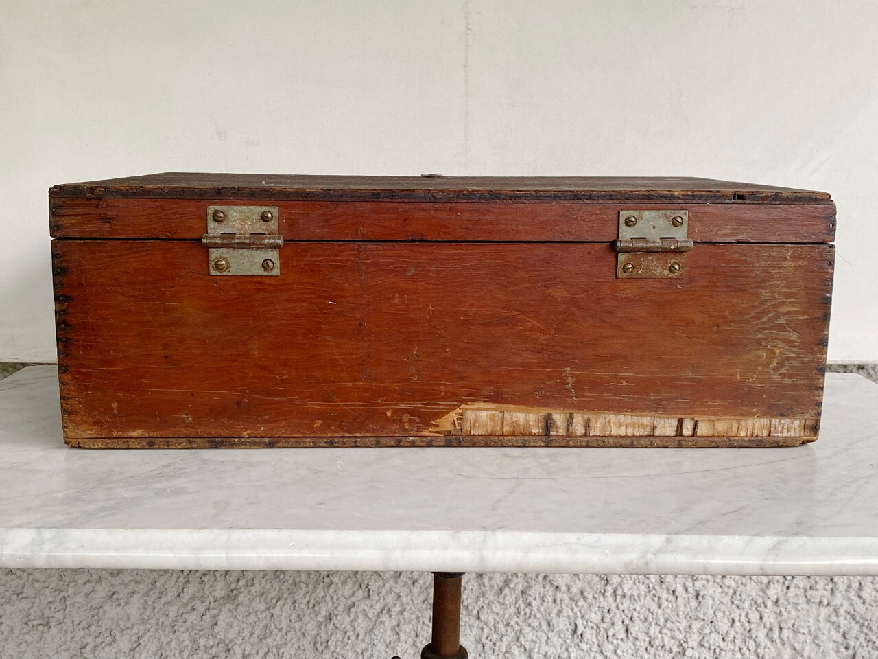 Large Antique Wood Box Trunk Carrying Case with Metal Latch & Hardware Luggage