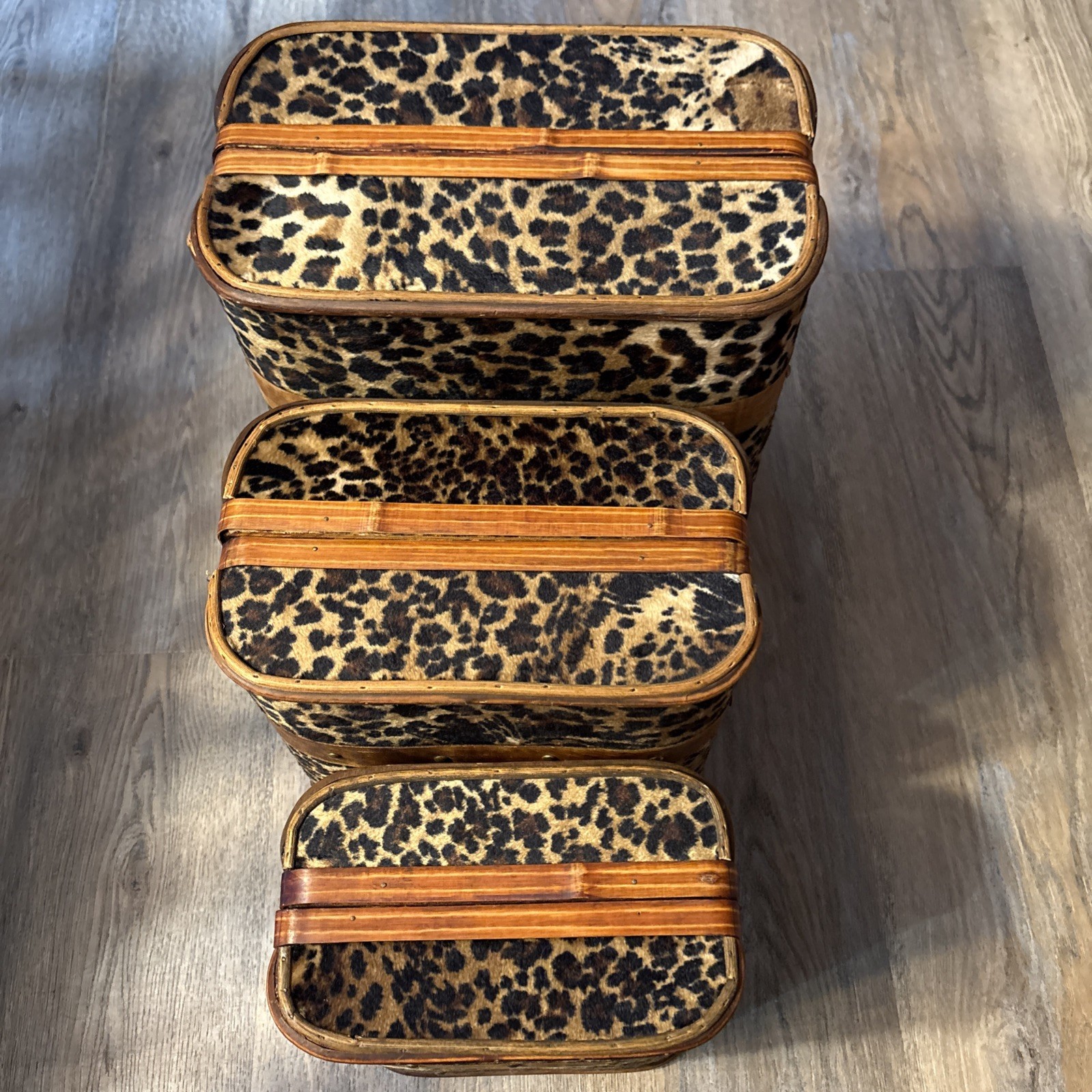 RARE Vtg 3-Pc Leopard Face Print Train Suitcases Purse Bamboo Trimmed Retro BOHO
