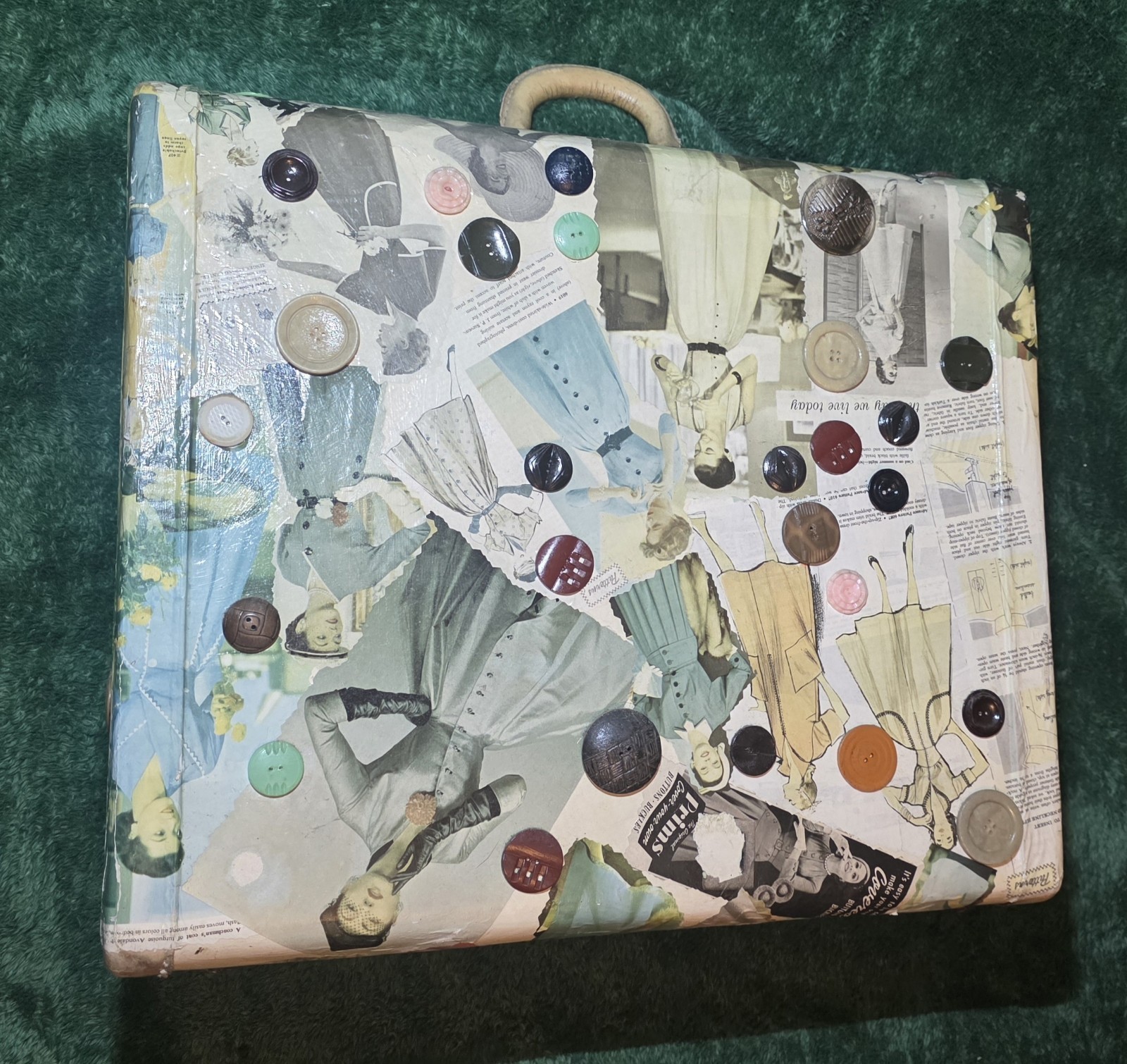 1950s Vintage Hard Leather Suitcase made by J.C. Higgins Decoupaged 18x14x6in