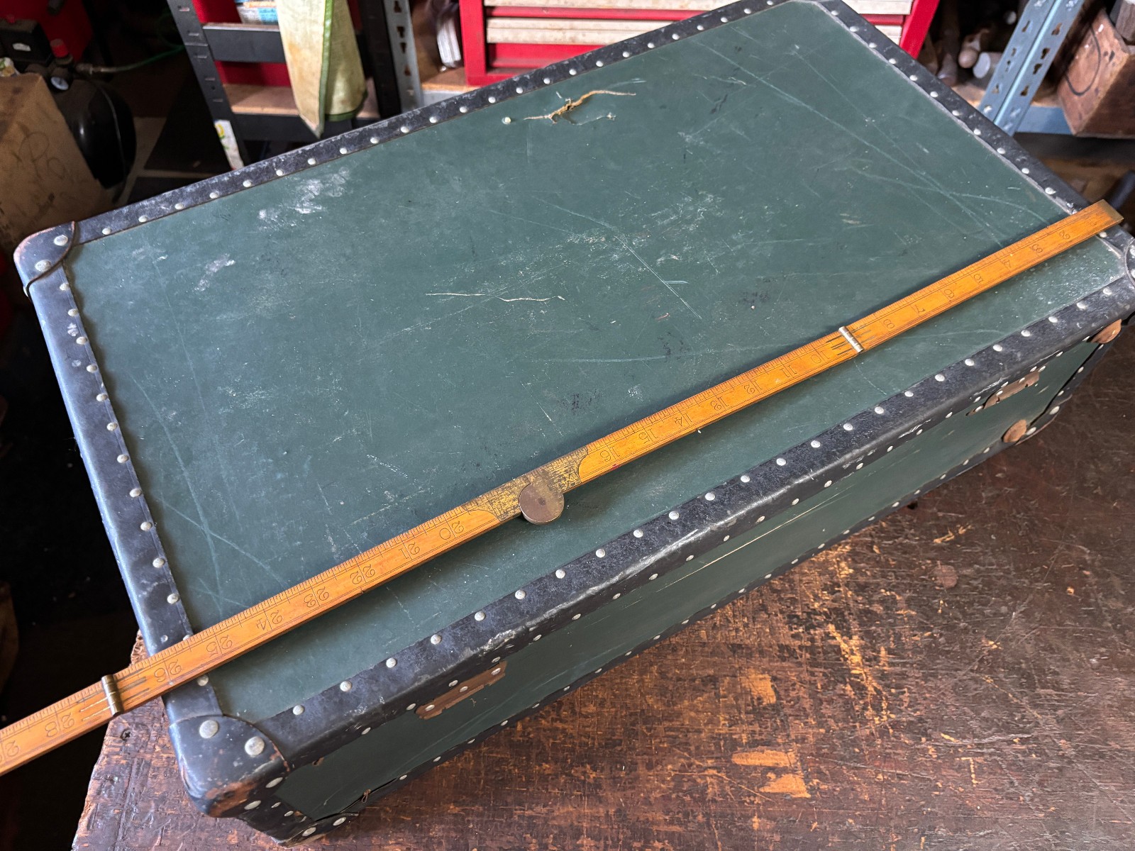 Antique Suitcase Riveted Binding Brass Hardware 1920’s Heritage Green & Black