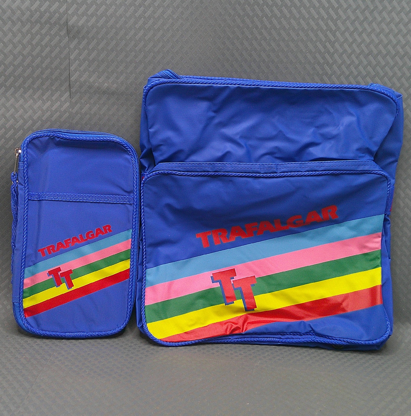 Vintage Trafalgar TT Soft Travel Bag Passport Wallet Strap Zippers Blue Rainbow