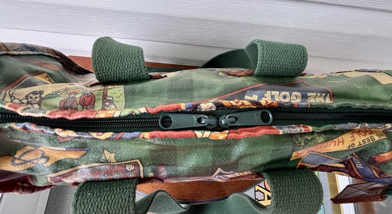 Vtg Nordic House Designs Tote Shoulder Bag Golf Theme Coated Canvas Leather Trim